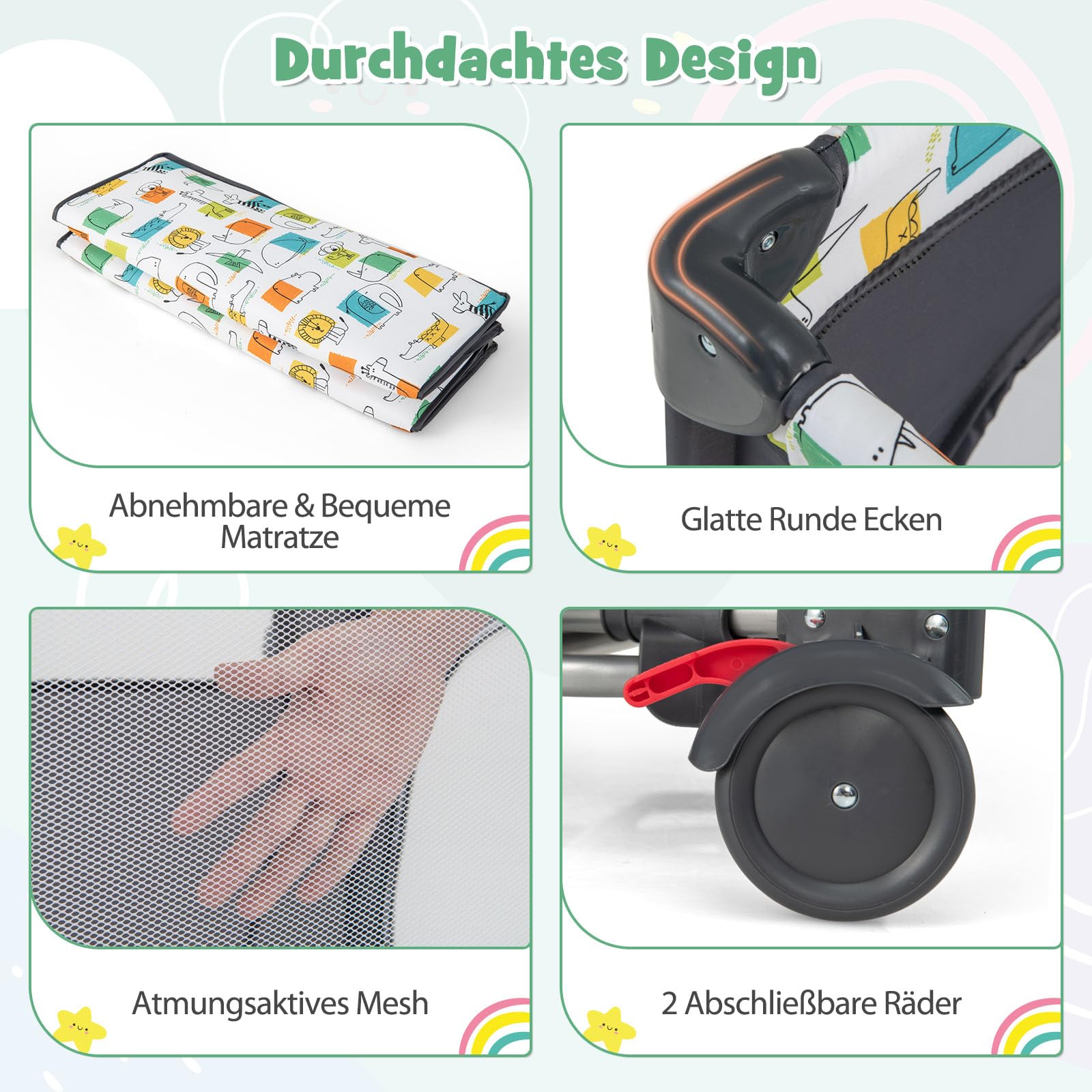 DREAMADE 5 in 1 Reisebett mit Matratze 120 x 60cm, Höhenverstellbar Beistellbett mit Wickeltisch, Spieluhr & Spielzeug, Babybett Babyschaukel für Baby ab Geburt (Grau)