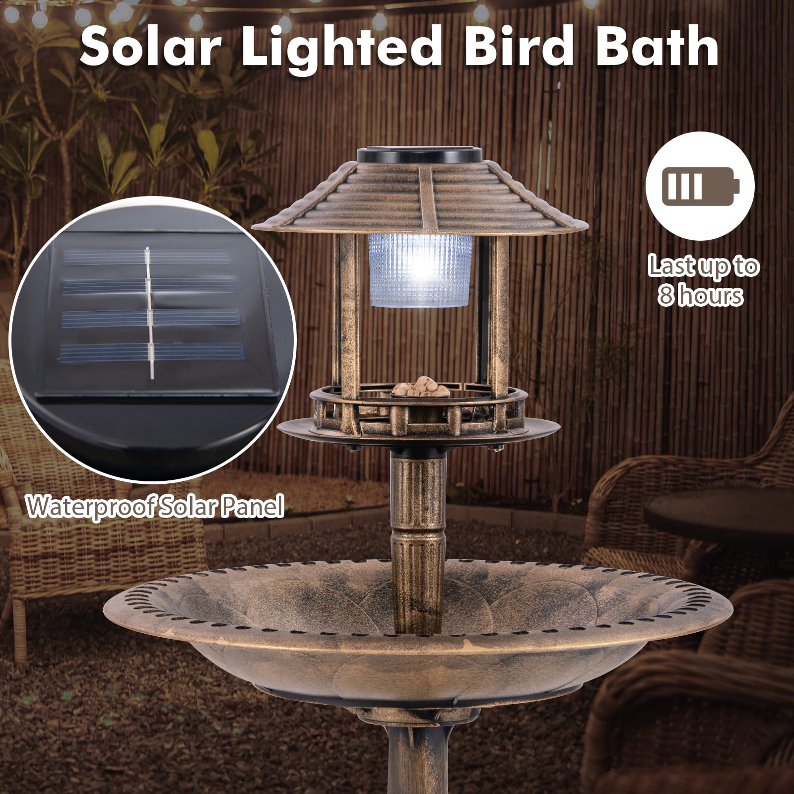 PETSITE Vasca per uccelli a energia solare, con piedistallo con mangiatoia per uccelli, base per fioriere e lampada a energia solare, vasca per uccelli in piedi per esterni, giardino o cortile