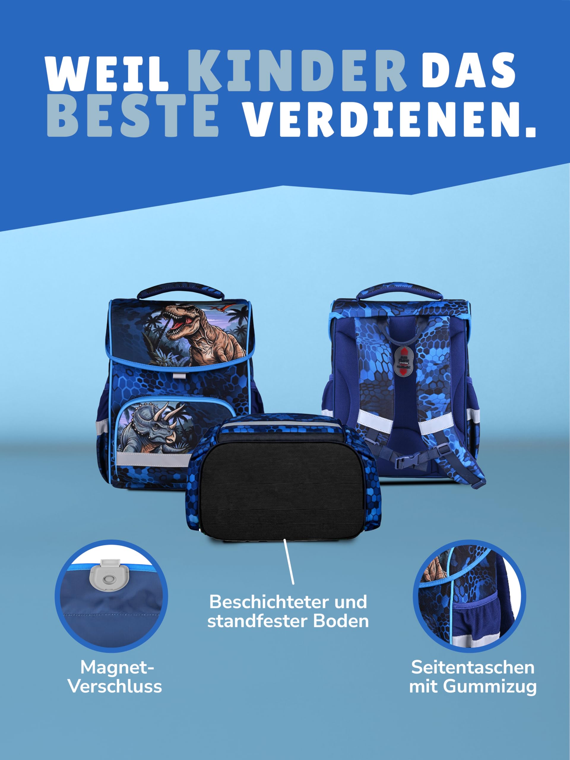 Familando - Basic-Plus Schulranzen Set - 10-teilig mit Schultüte - T-REX Dino - Ergonomisch, stabil & 850g leicht - 15L Volumen - Brustgurt & Reflektoren - Für Grundschule ab 1. Klasse