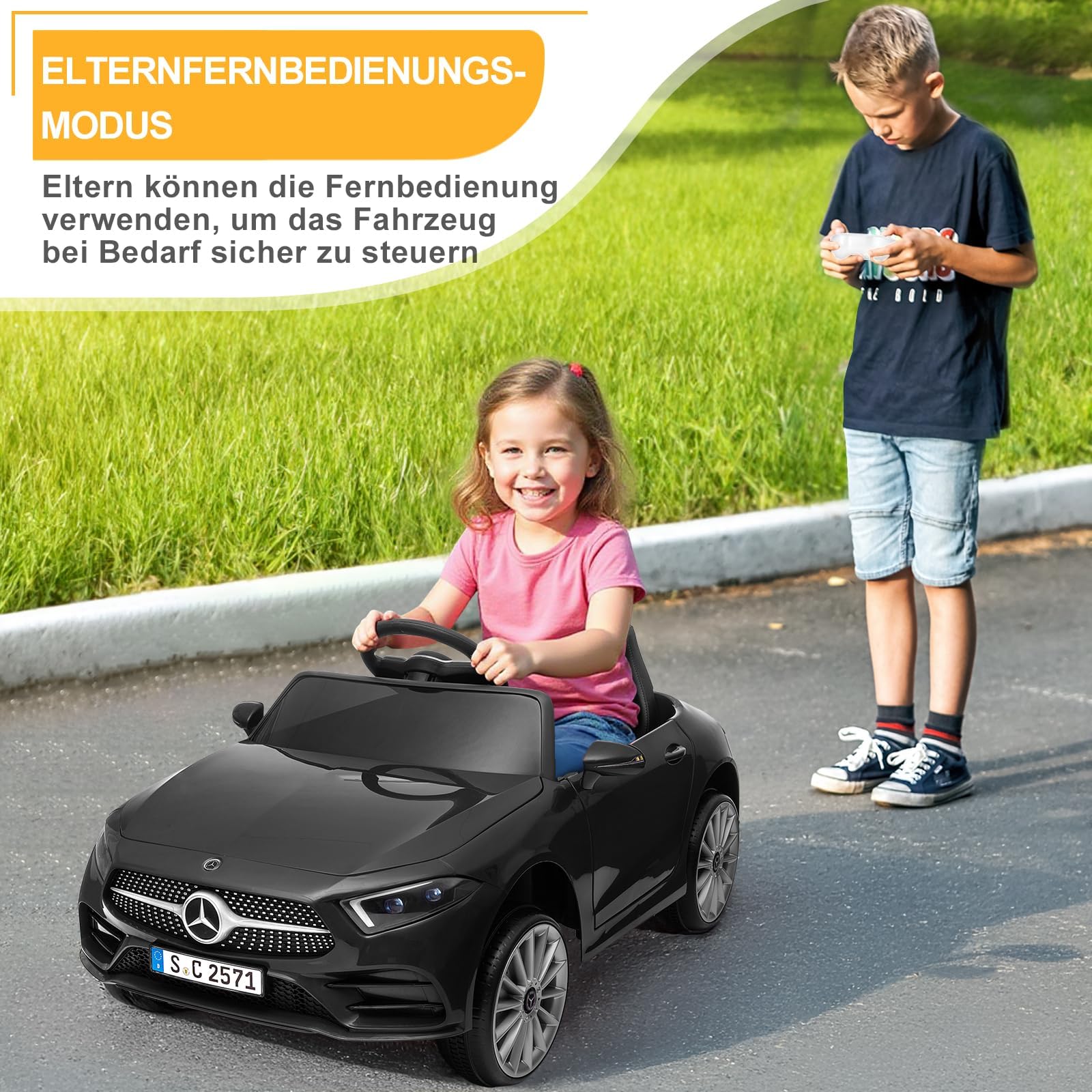 LALAHO Auto elettrica per bambini Mercedes CLS 350 12 V (Nero) | Doppi Motori, Telecomando 2.4 GHz, MP3, Sospensioni, Auto Elettrica per Bambini 3-5 Ann