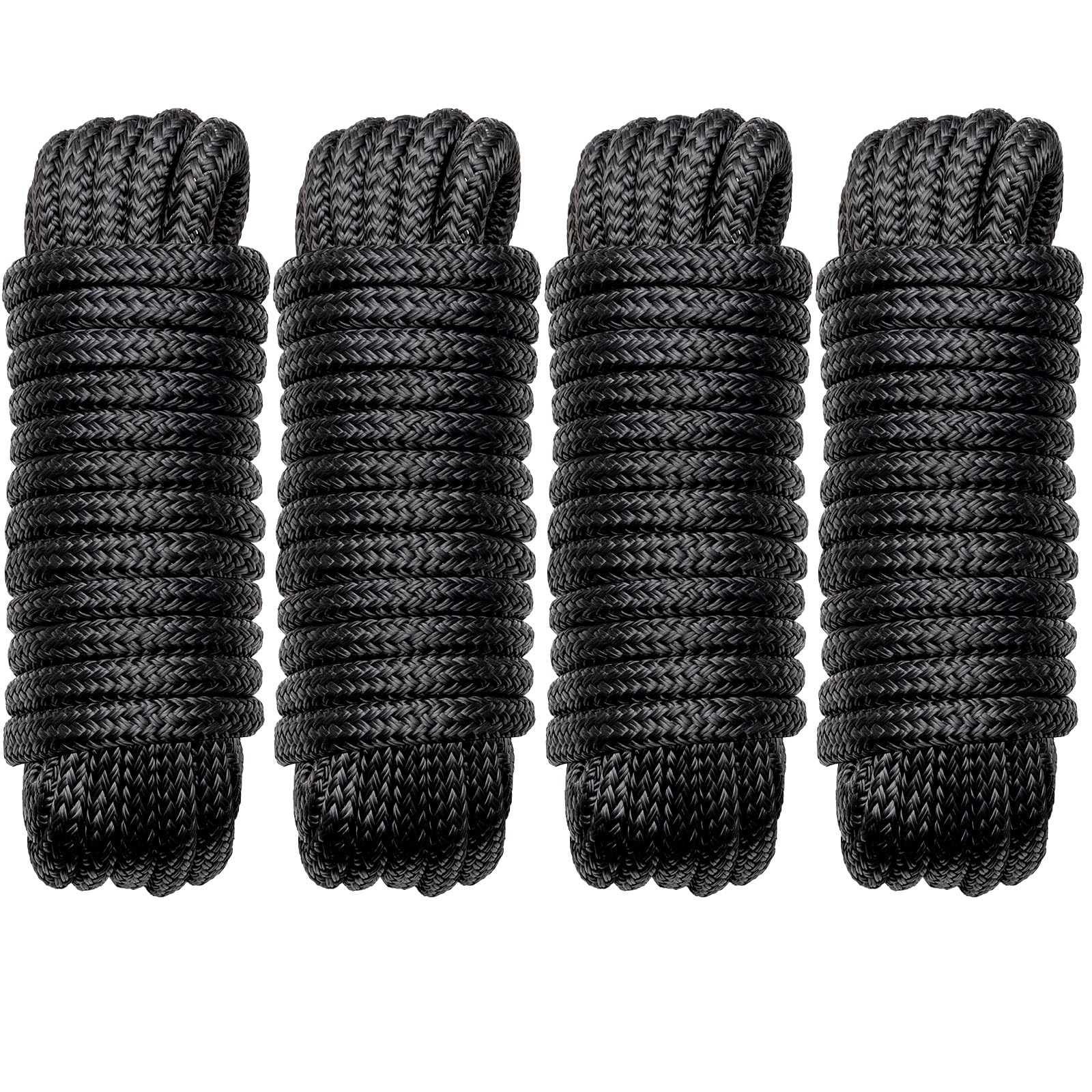 Boat Dock Lines Marine Rope - 1/2" x 15ft with Pre-Spliced 12" Loop Double Braided Nylon Ropes Bumper Tie Mooring Line for Boats Docking Pontoon Boating Accessories - 4 Pack Black