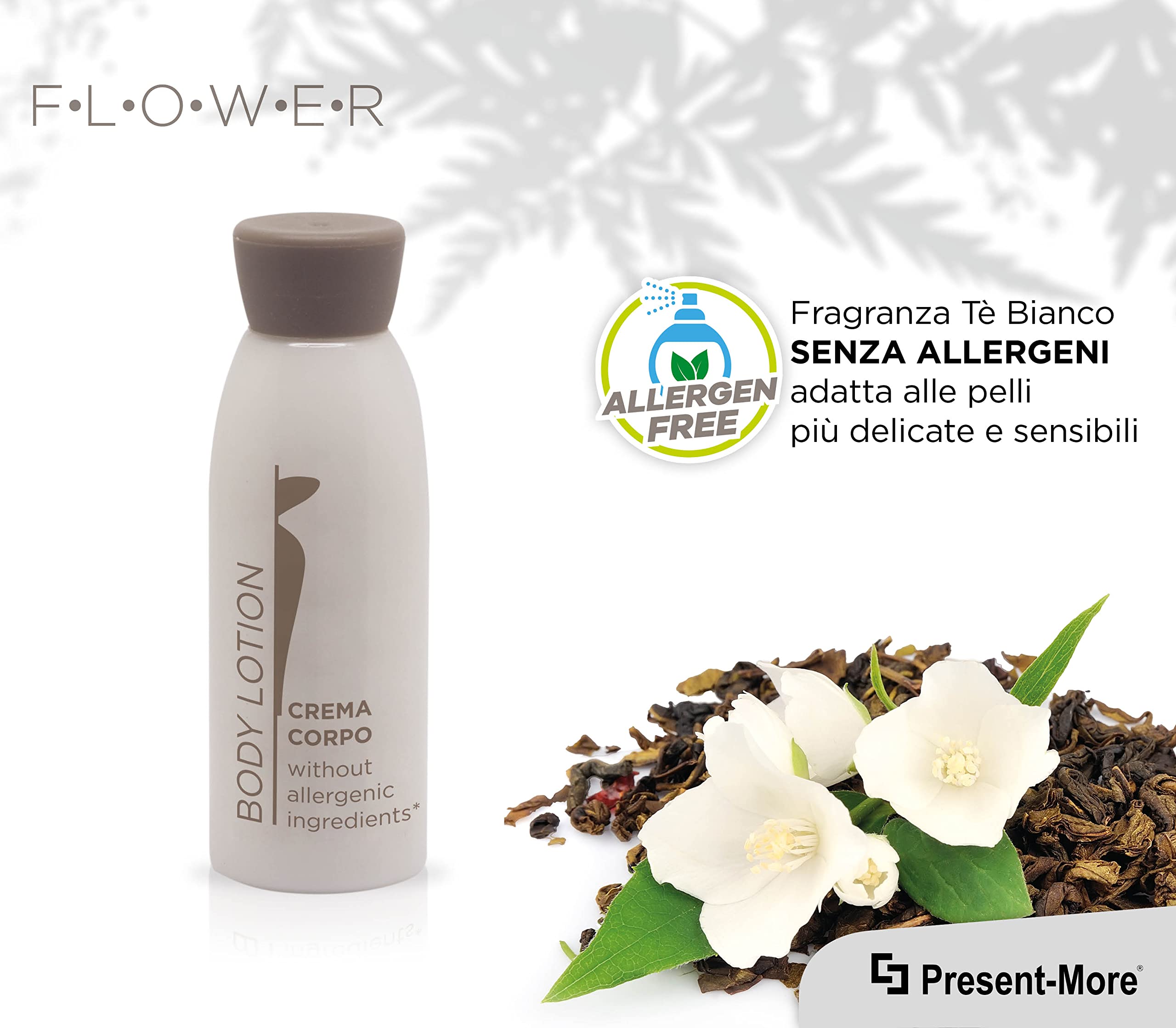 PRESENT-MORE - Mini Crema Corpo 30ml Flower - 250 Pezzi | Body Lotion Senza Allergeni - Fragranza Tè Verde - Ideale per Hotel e B&B