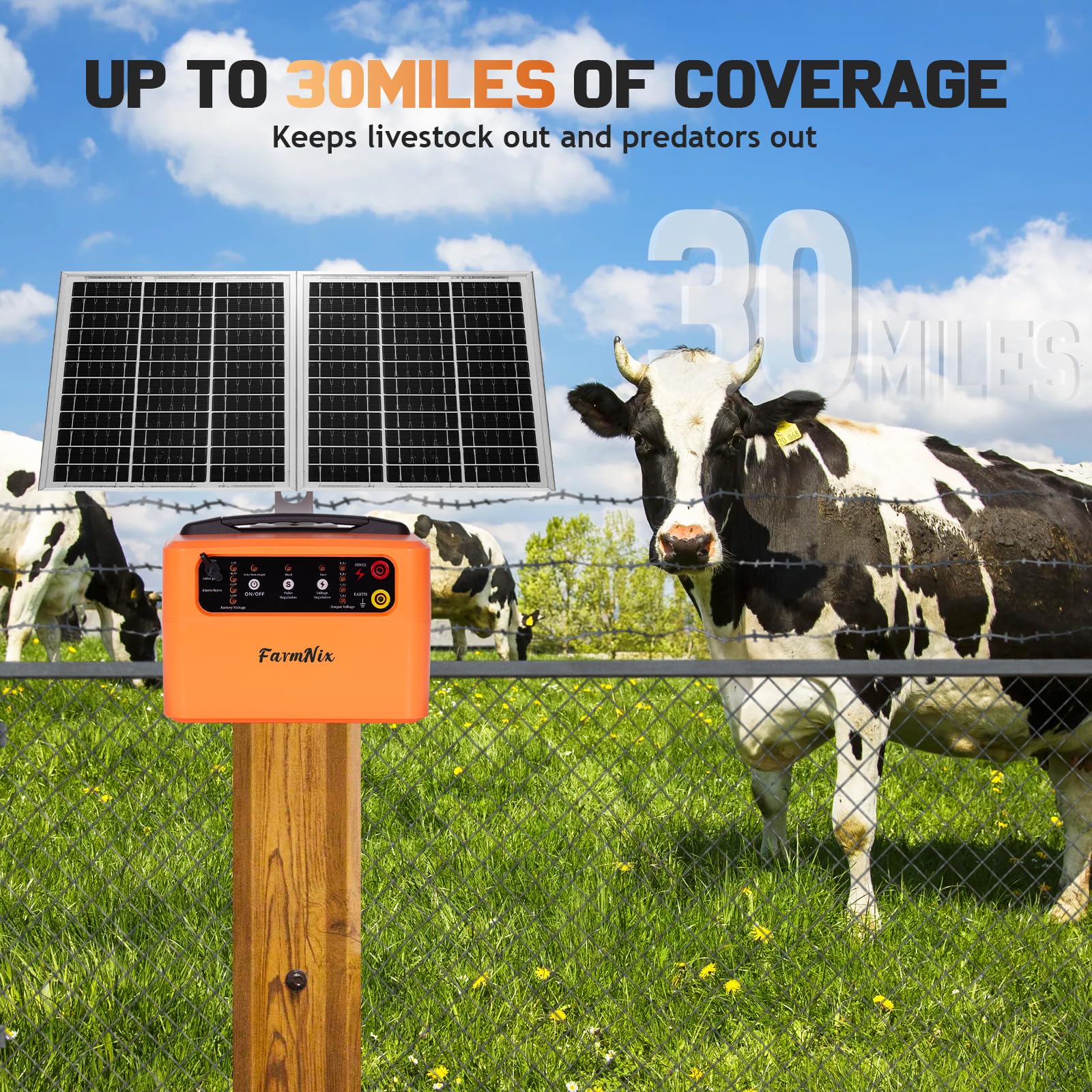 48KM Weidezaungerät Solar, 0.3-1.5J, 6KV-12KV Einstellbar Elektrozaungerät，inkl. 15W-Solarpanel, 12V 7Ah Blei-Akku & Erdungsset für große kleine Tiere