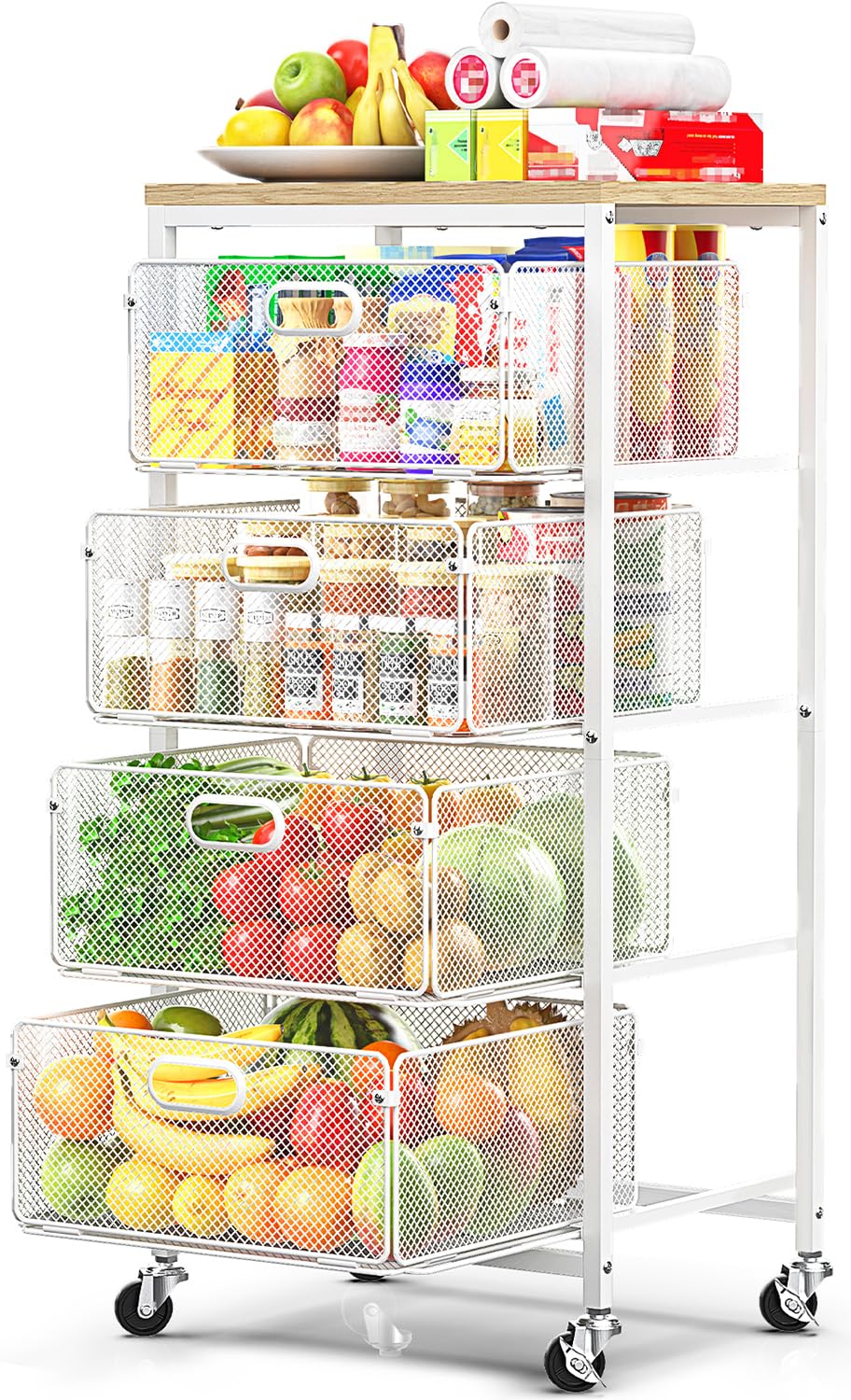 Photo 1 of **Parts Only** SUNALLY Rolling Kitchen Cart with Drawers, 4-Tier Utility Cart Fruit Vegetable Storage Cart with Lockable Wheels, Wooden Top Metal Kitchen Storage Organizer for Cans, Snacks, Beauty, Craft, Art, White
