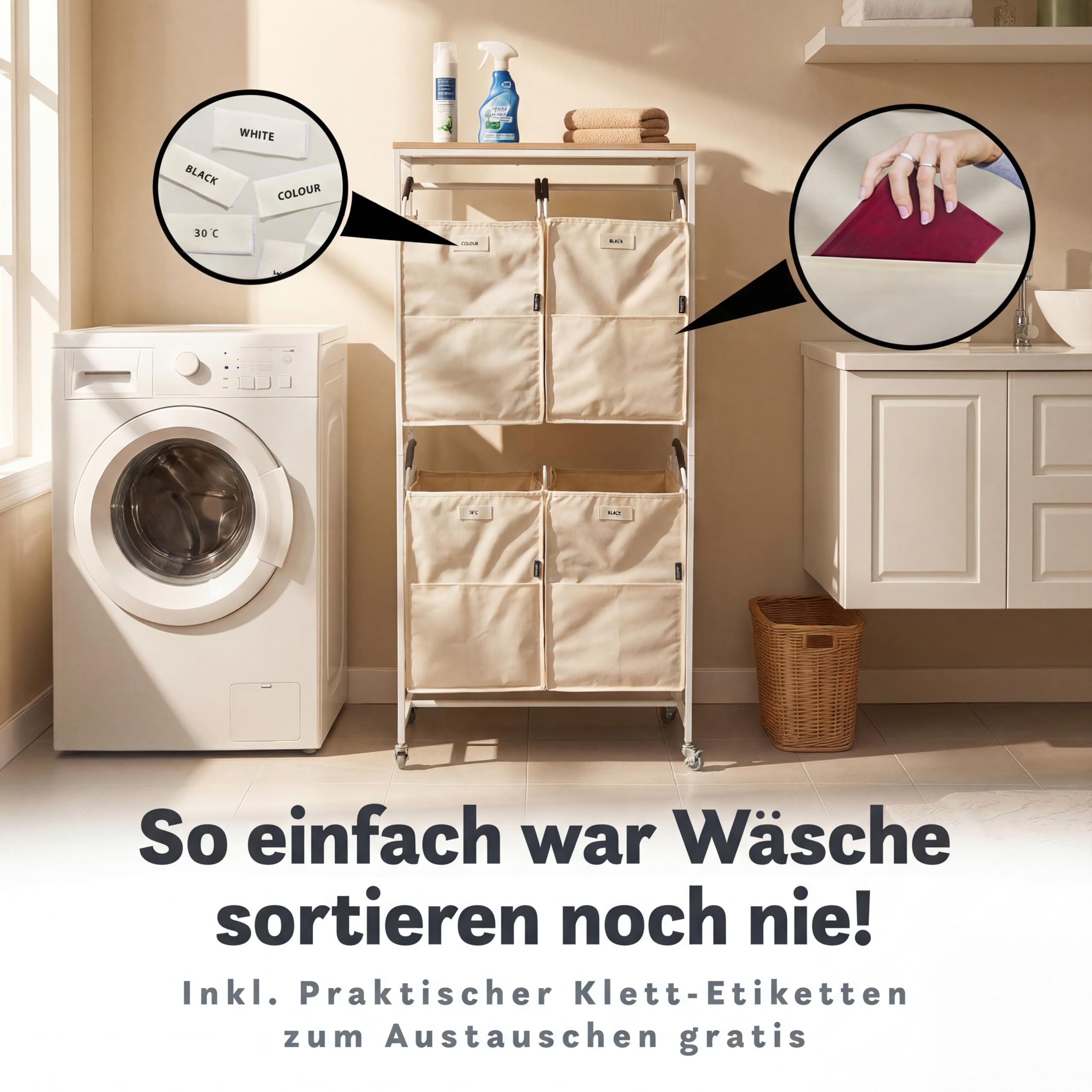 Wäschesammler Organizer mit abnehmbaren Taschen 200L Volumen [mehr Ordnung] Wäschekorb 2 Fächer, Wäschekorb 4 Fächer, Wäscheschrank | Wäschesortierer jetzt auswählen (Beige, 4 Taschen)