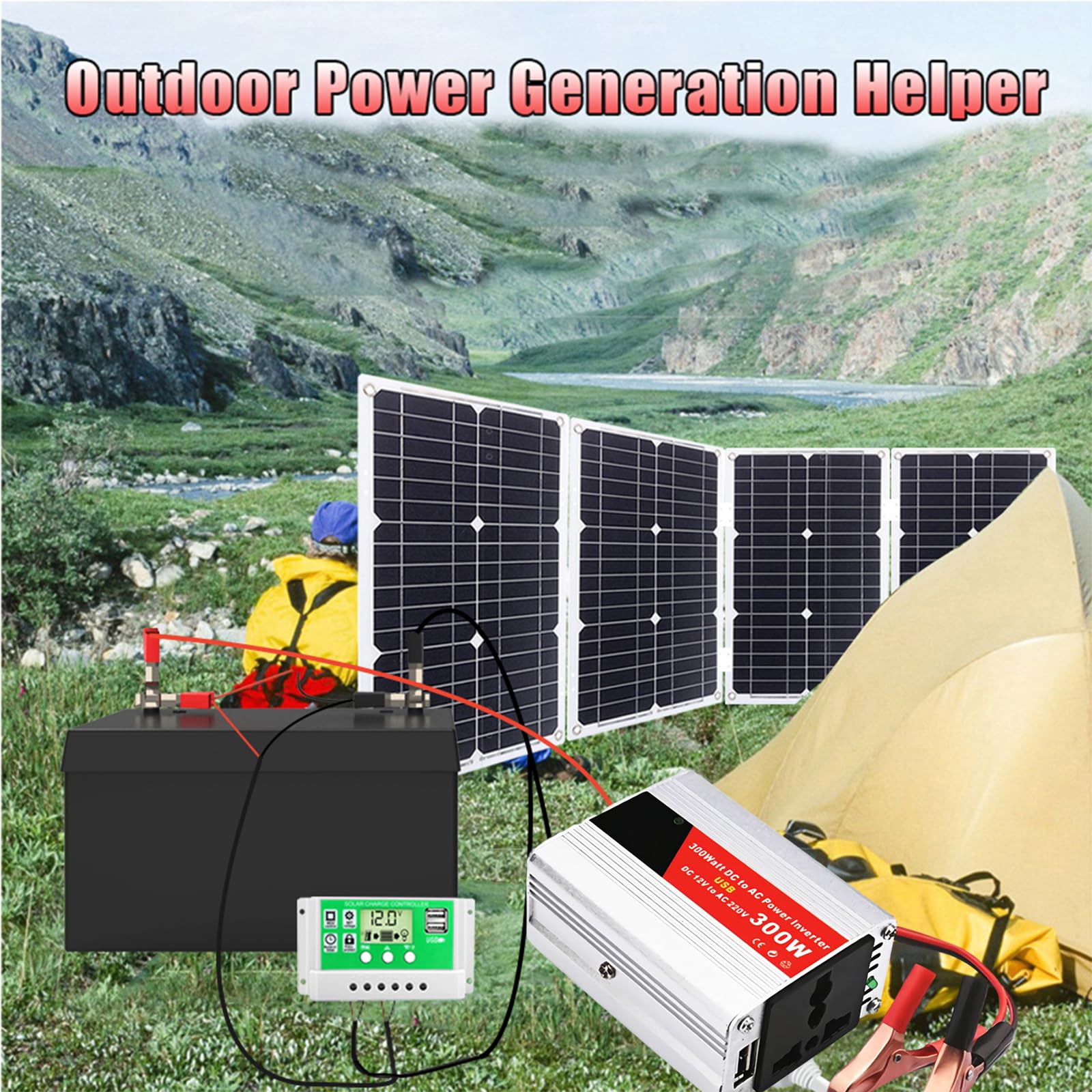 Kit Pannello Solare off-Grid da 300 W con regolatore di Carica da 50 A e Inverter for Camper, Barca, Campeggio e Altro Ancora(100W)