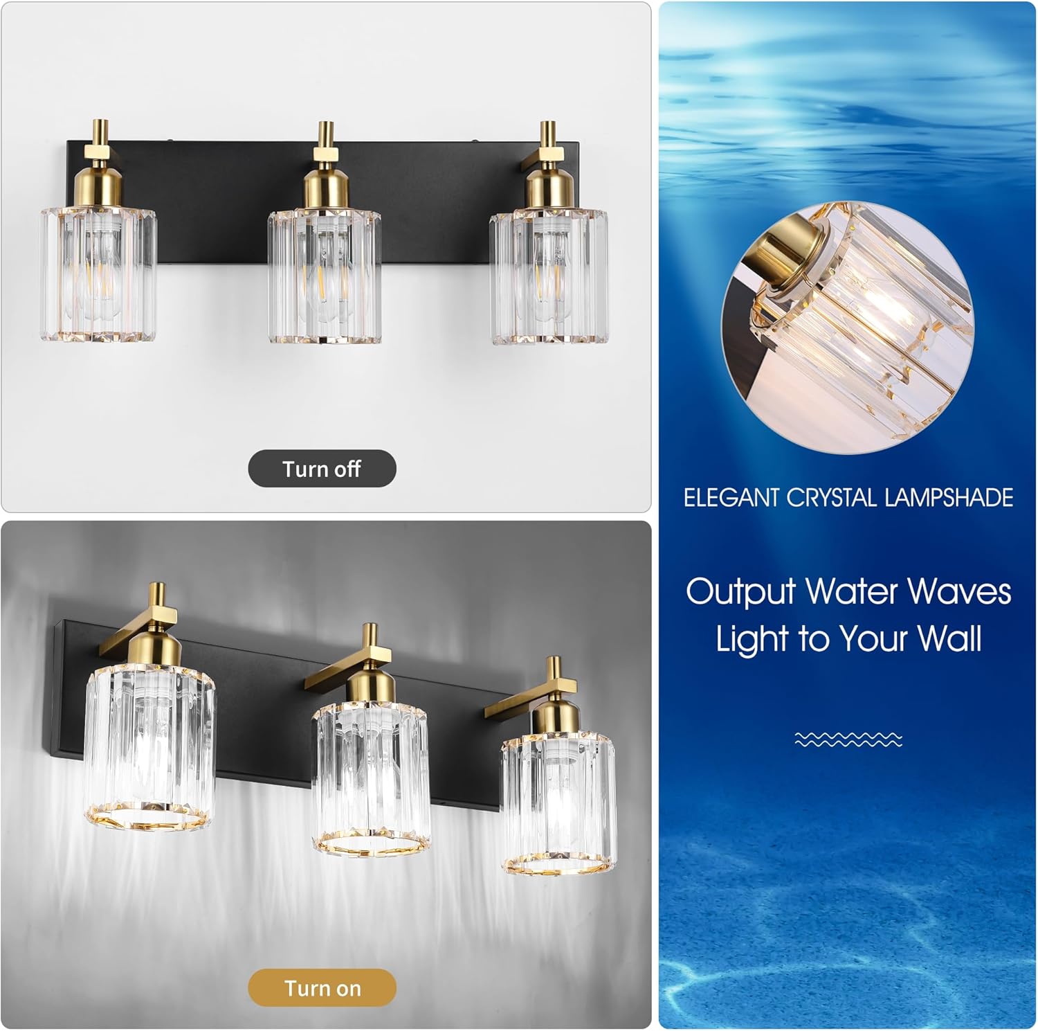 Black and Gold Crystal Bathroom Vanity Lights, 3-Lights Bathroom Light Fixture Over Mirror, 20 Inch Modern Farmhouse Vanity Light, Brass Gold Bath Wall Sconce for Bath Mirror Kitchen Hallway Cabinet