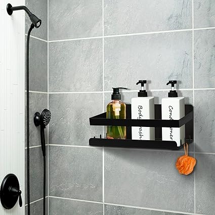 Felicia Decors Metal Multi-Purpose Floating Wall Shelf with Side Hooks | Wall-Mounted Storage Shelves for Home, Kitchen, Bathroom, Bedroom, or Office with Adhesive Sticker Hook (Medium, Black)