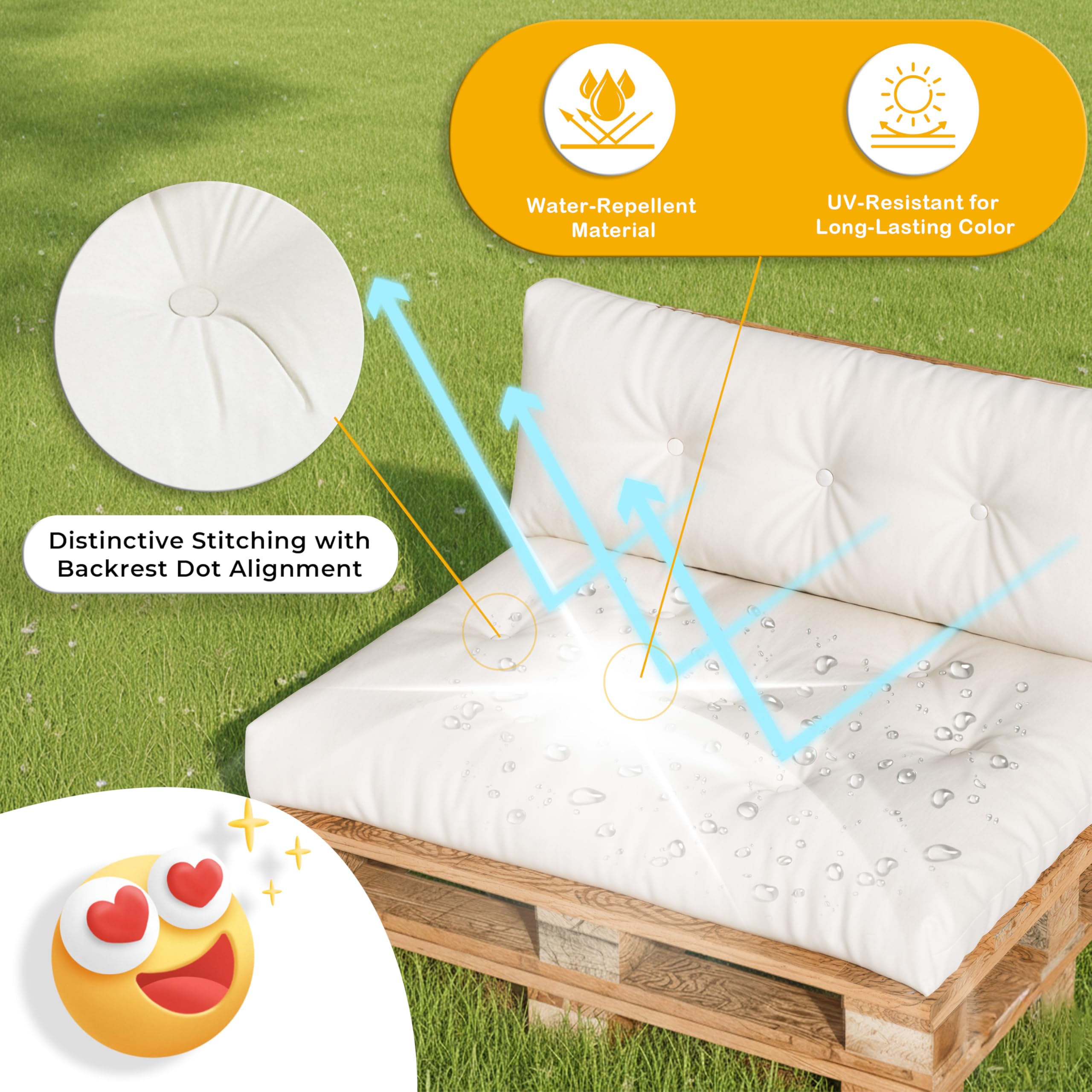Set di cuscini per pallet 4 pezzi – Cuscino di seduta 120x60 + Schienale 120x40 + Cuscino d'angolo 40x40 + Cuscino decorativo 40x40 – Comodi cuscini da giardino per mobili pallet