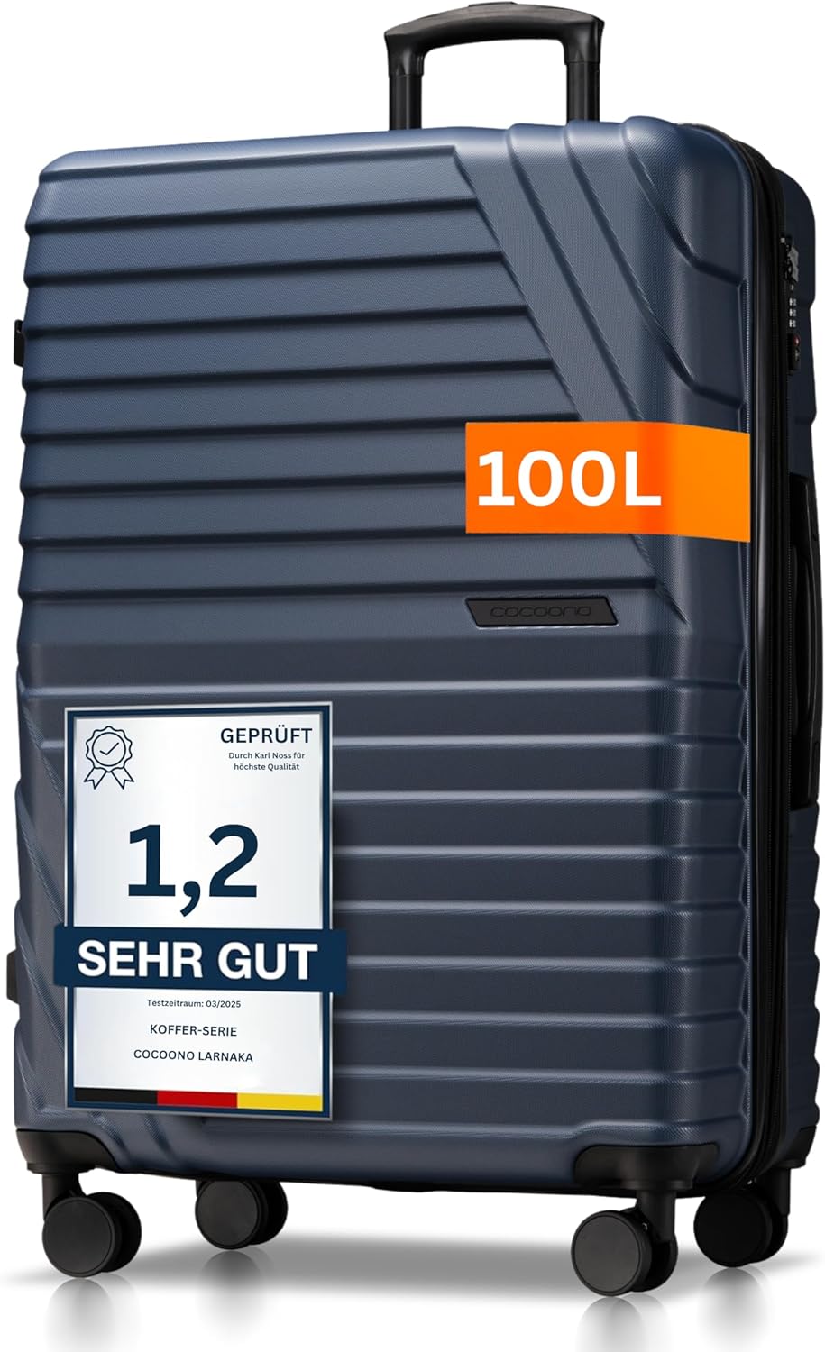 Cocoono Hartschalenkoffer XL Groß - 100L Volumen erweiterbar auf 117L - 158cm Gurtmaß - 8 Rollen 360° drehbar - Leichter Koffer mit TSA Schloss &amp; Teleskopgestänge - Reisekoffer mit Rollen (Navy, XL)
