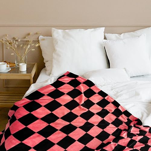 Miniatura 2 de Vessia Manta de tamaño individual de tablero de ajedrez negro y rosa (60 x 80 pulgadas), manta de franela de tablero de ajedrez rosa para sofá,