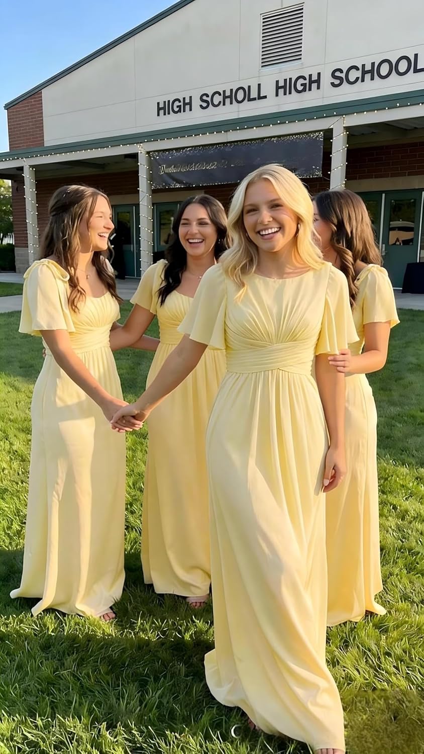 YOFF Short Sleeve Bridesmaid Dresses Long with Pocket A Line Ruched Formal Evening Dress YO005