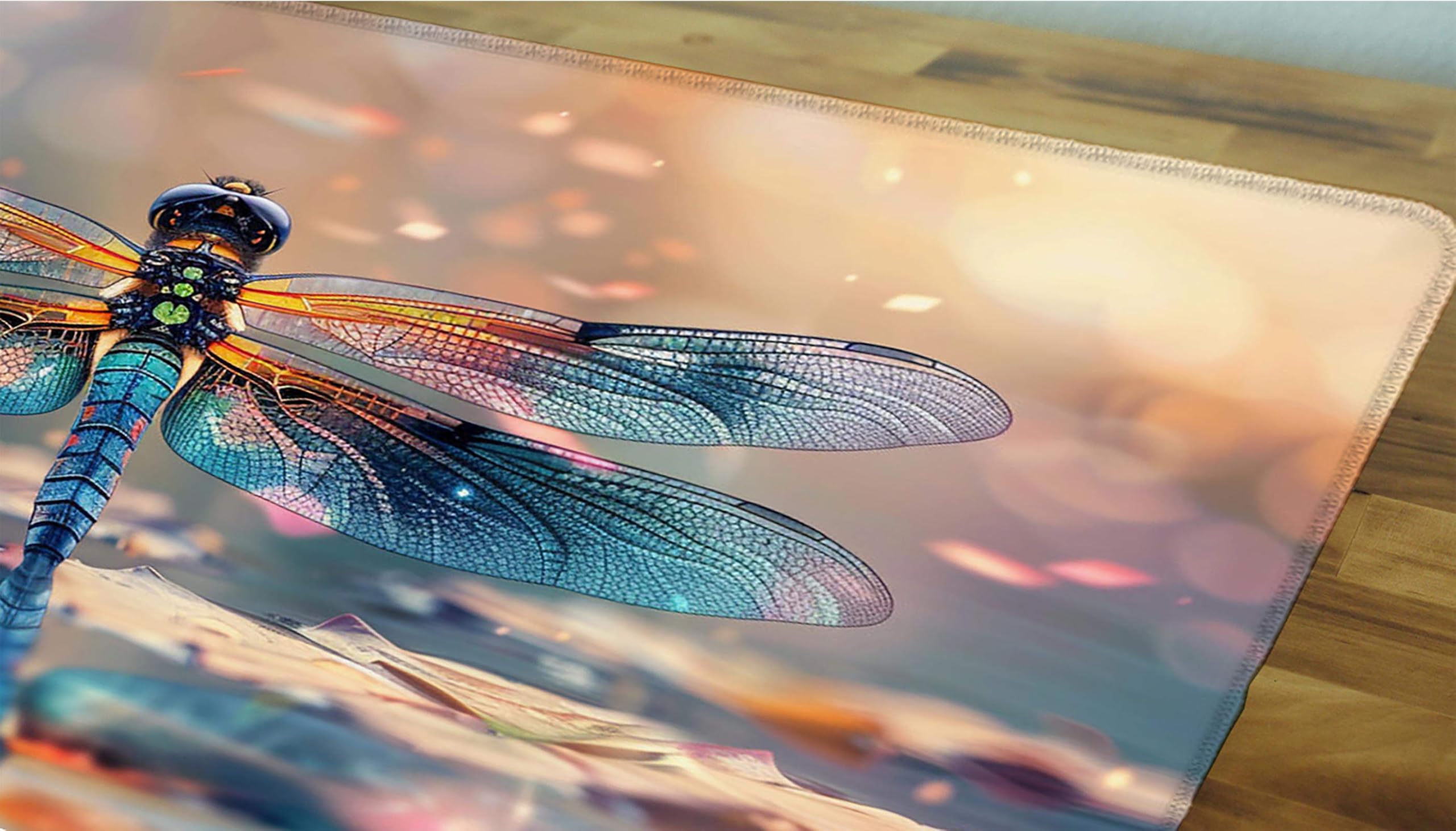 Niebieska podkładka pod mysz XXL, podkładka na biurko, 1200 x 600 cm, szyte krawędzie, podkładka pod mysz, gumowa podstawa, ważka, podkładka pod mysz, stabilna przyczepność na gładkich powierzchniach,