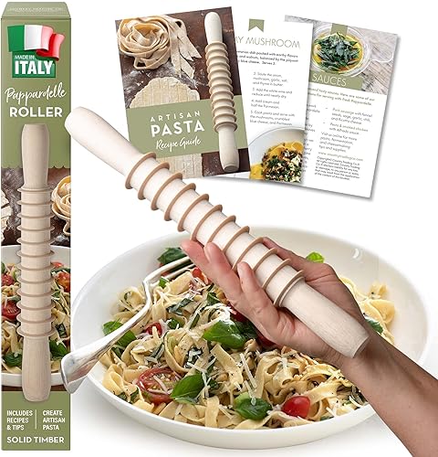 Cortador de pasta de madera Pappardelle Pasta Maker Rodillo hecho en Italia con recetas de pasta