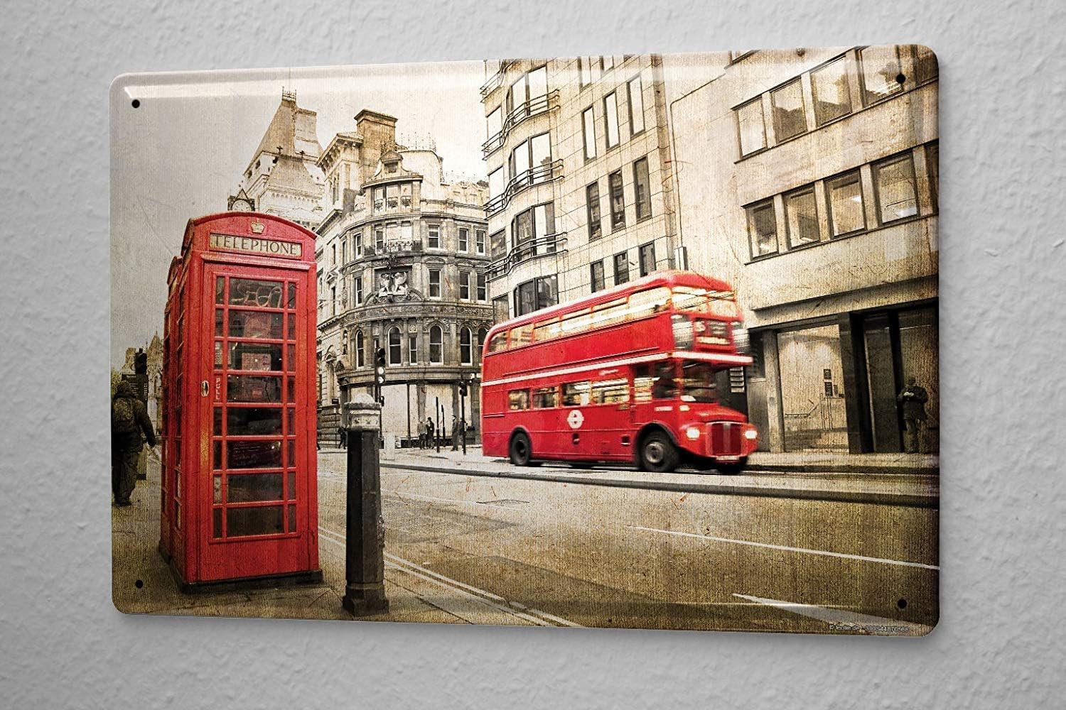 Yelacecca Tin Sign A93395 Vintage Tin Sign 8X12 Inches Tin Sign City London Red Bus Phone