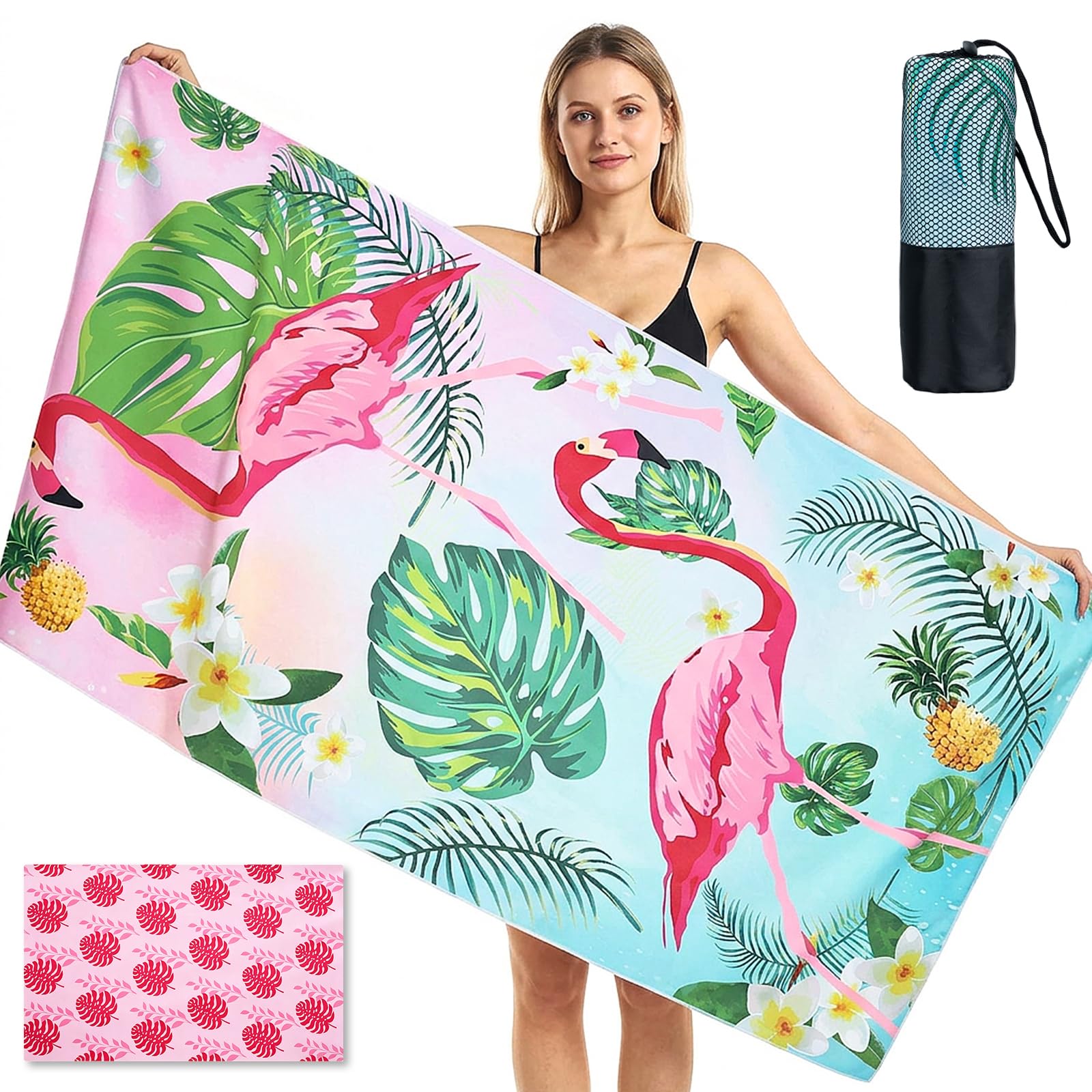 joyoldelf Telo da Mare Microfibra 180x90 cm Fenicotteri Rosa Doppio Lato, Asciugatura Rapida Anti Sabbia, Morbido Leggero con Sacchetto Trasporto, Ideale per Spiaggia Piscina Vacanze Campeggio