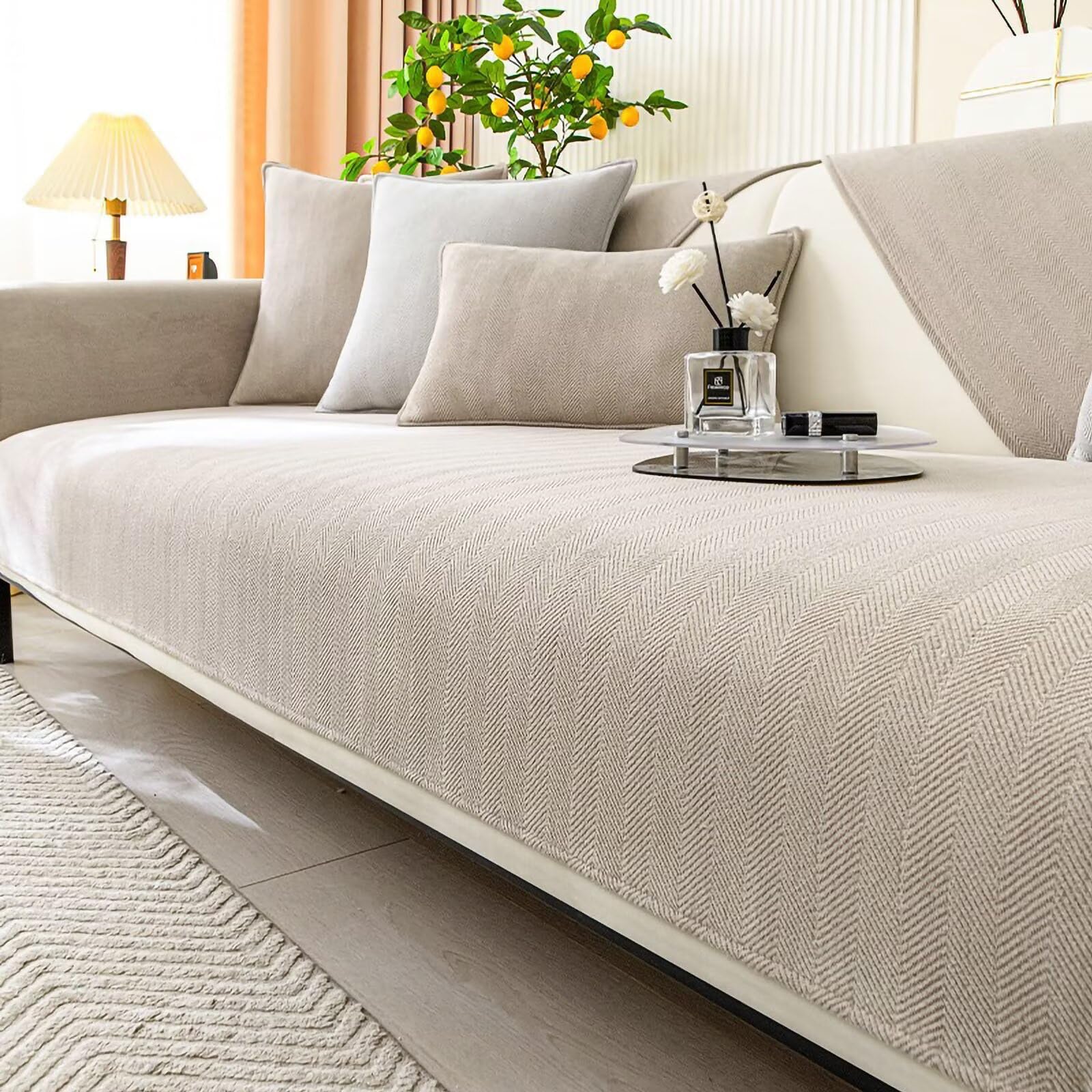 Gluhbirnen Milk Tea Color Herringbone Chenille Fabric Furniture Protector, Universal Non-Slip L Shape Couch Cover, Funny Dog Sofa Cover, 90 * 160Cm