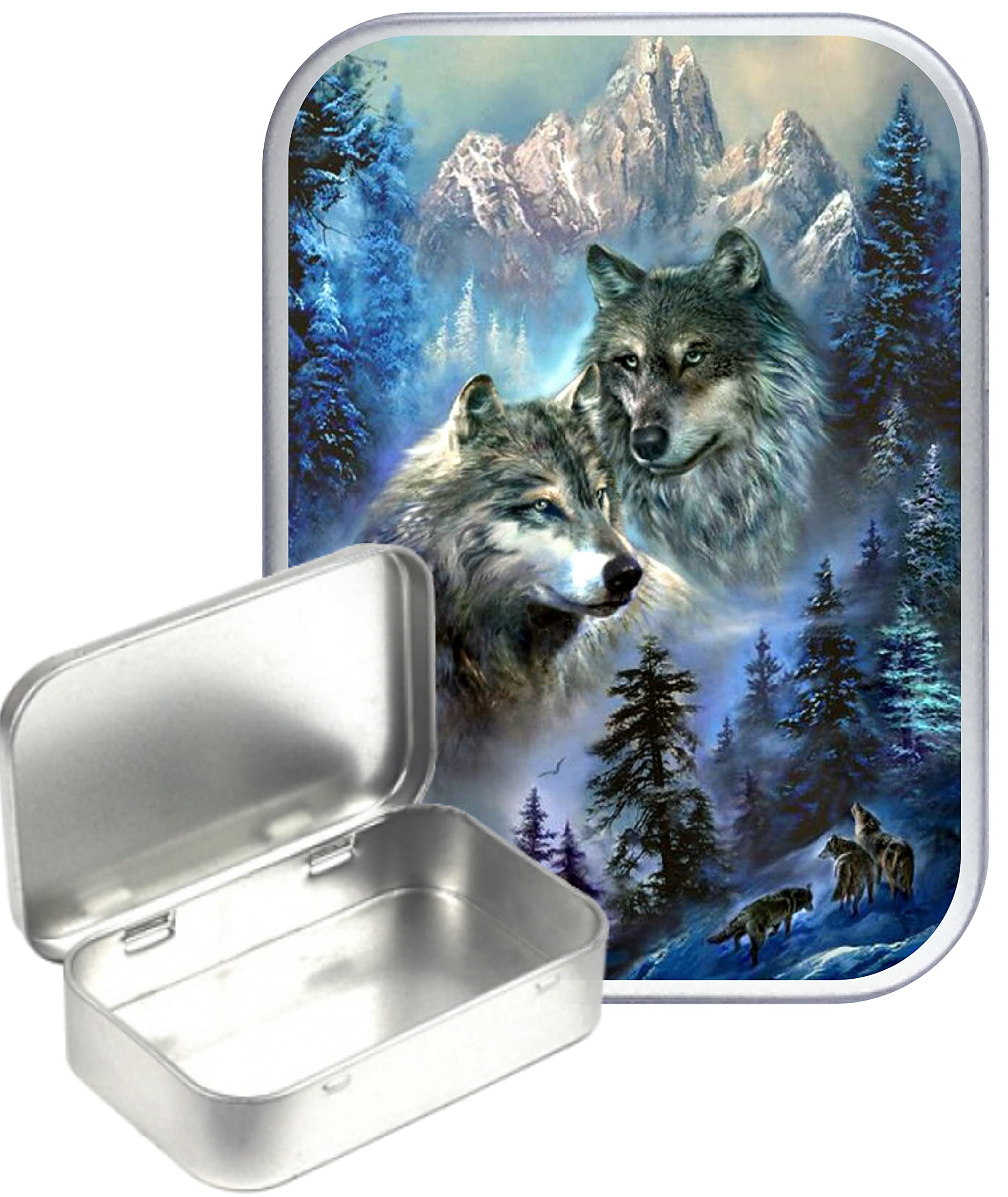 Teez Silver Wolf Valley Hinged Tin,Small 30Ml Tin, Pill Tin, Pocket Tin, Gift Box, 1Oz Tobacco Tin, Herb Tin