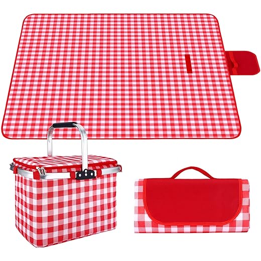 Sunnyray 2 Pcs 79 x 79 Inch Waterproof Sandproof Extra Large Picnic Blankets Insulated Picnic Baskets Collapsible Portable 15.4 x 10 x 11.4 Inch Large Picnic Basket for Camping Travel Red White Plaid