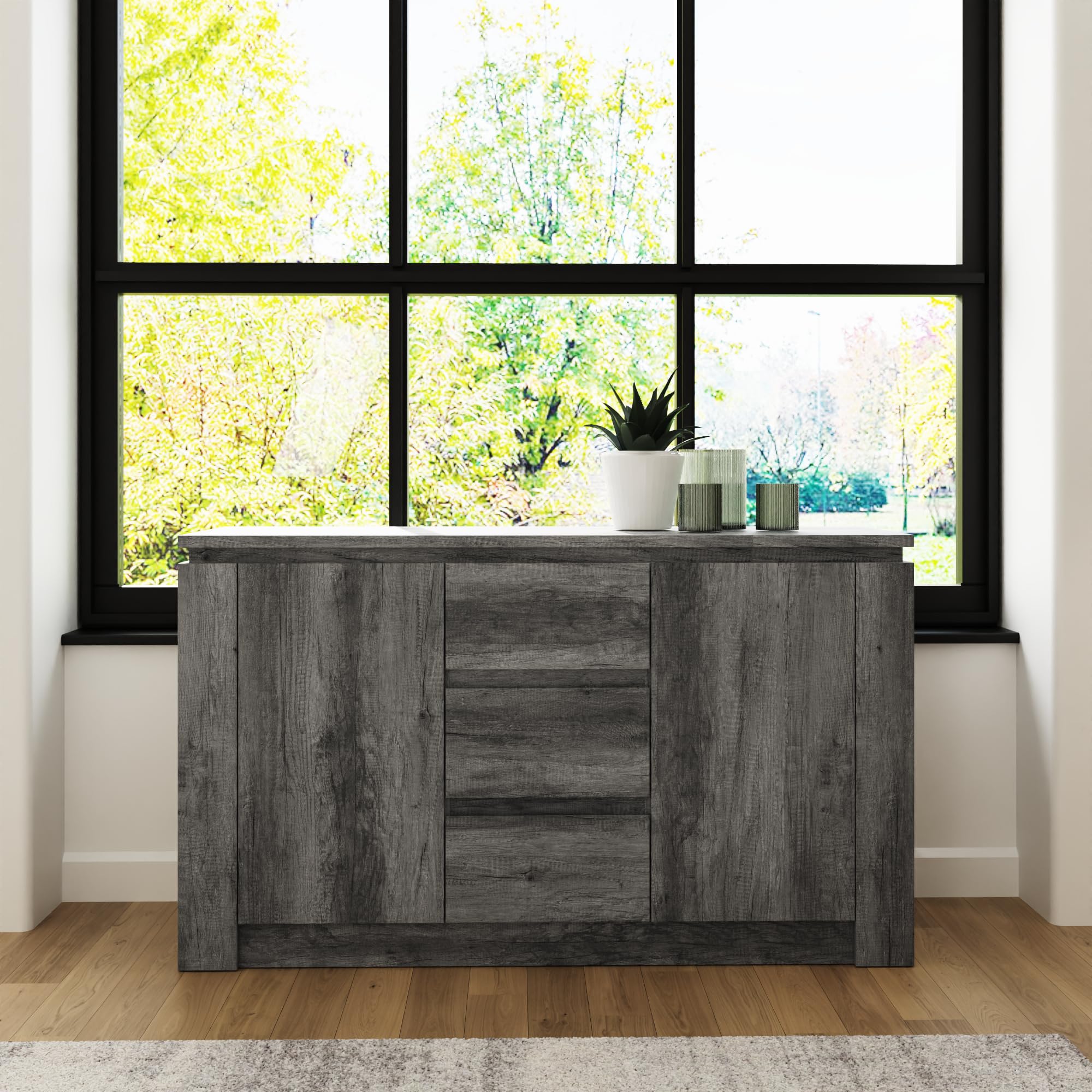 GFW Canyon Charcoal Grey Sideboard, 2 Door 3 Drawer Storage Cabinet, Industrial Style Sideboard for Living Room, Dining Room and Hallway