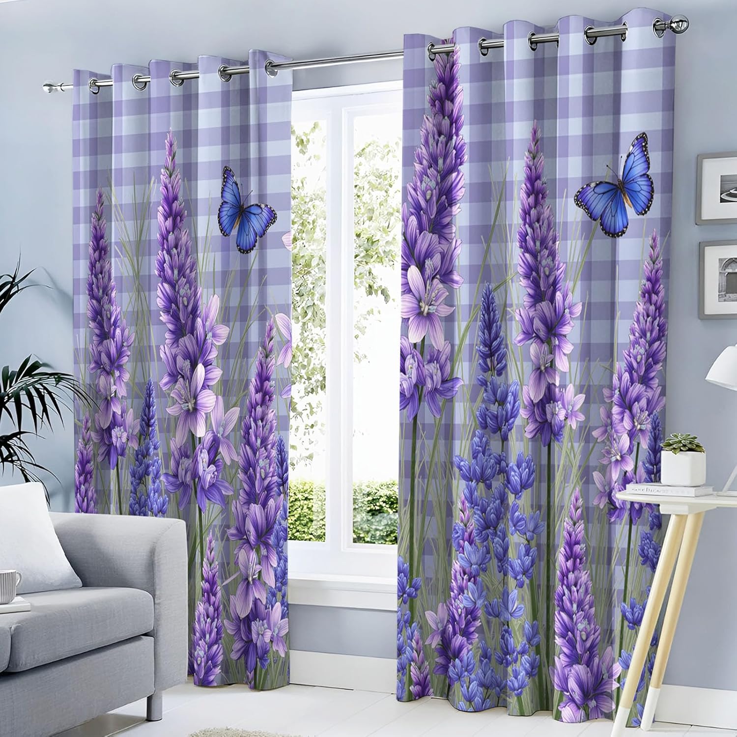 Deep Purple Farmhouse Lavender Blackout Curtains 2 Panels Set Country Plaid Fabric Grommet Curtain Thermal Insulated Window Drapes Treatments for Farmhouse Living Room Bedroom 52 X 108 Inch