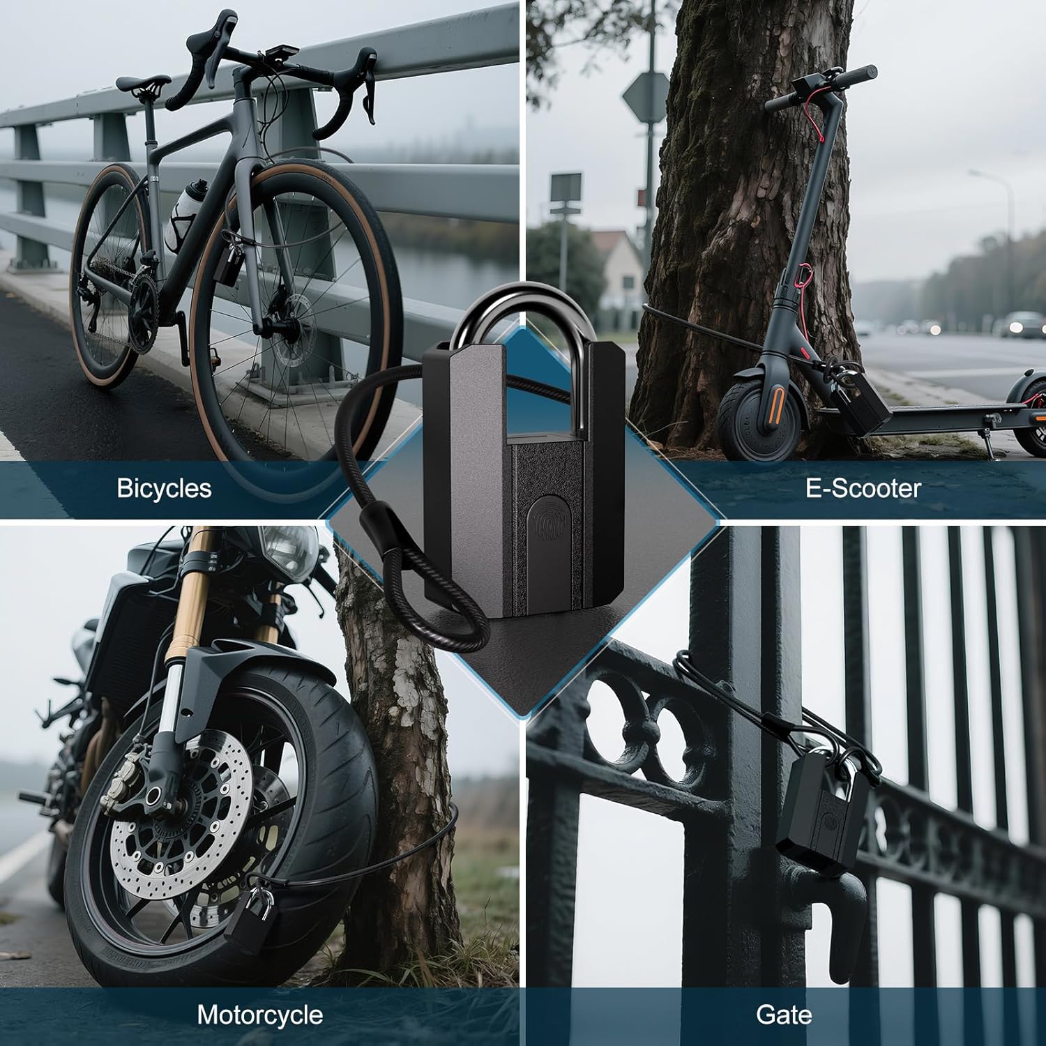 Smart Fingerprint Bike U Lock Bluetooth Heavy Duty Anti-Theft with 120 cm Steel Cable, USB Rechargeable Bicycle Lock Security Biometric App Control for Bike, Scooter, Motorcycle, E-Bike