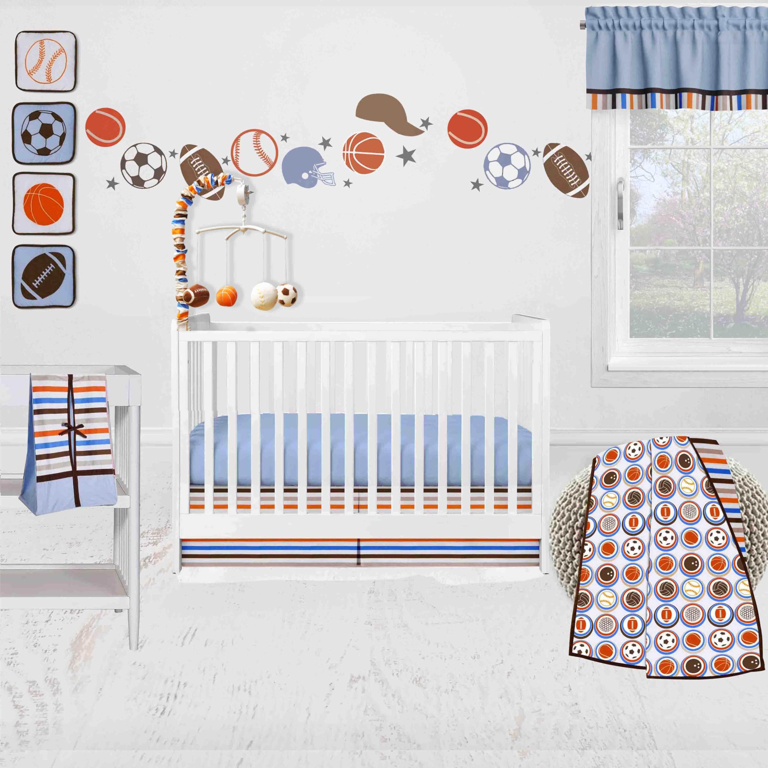 Bacati - Mod Sports Blue Orange Chocolate 11 Piece Crib Bedding Set with 2 Crib Fitted Sheets