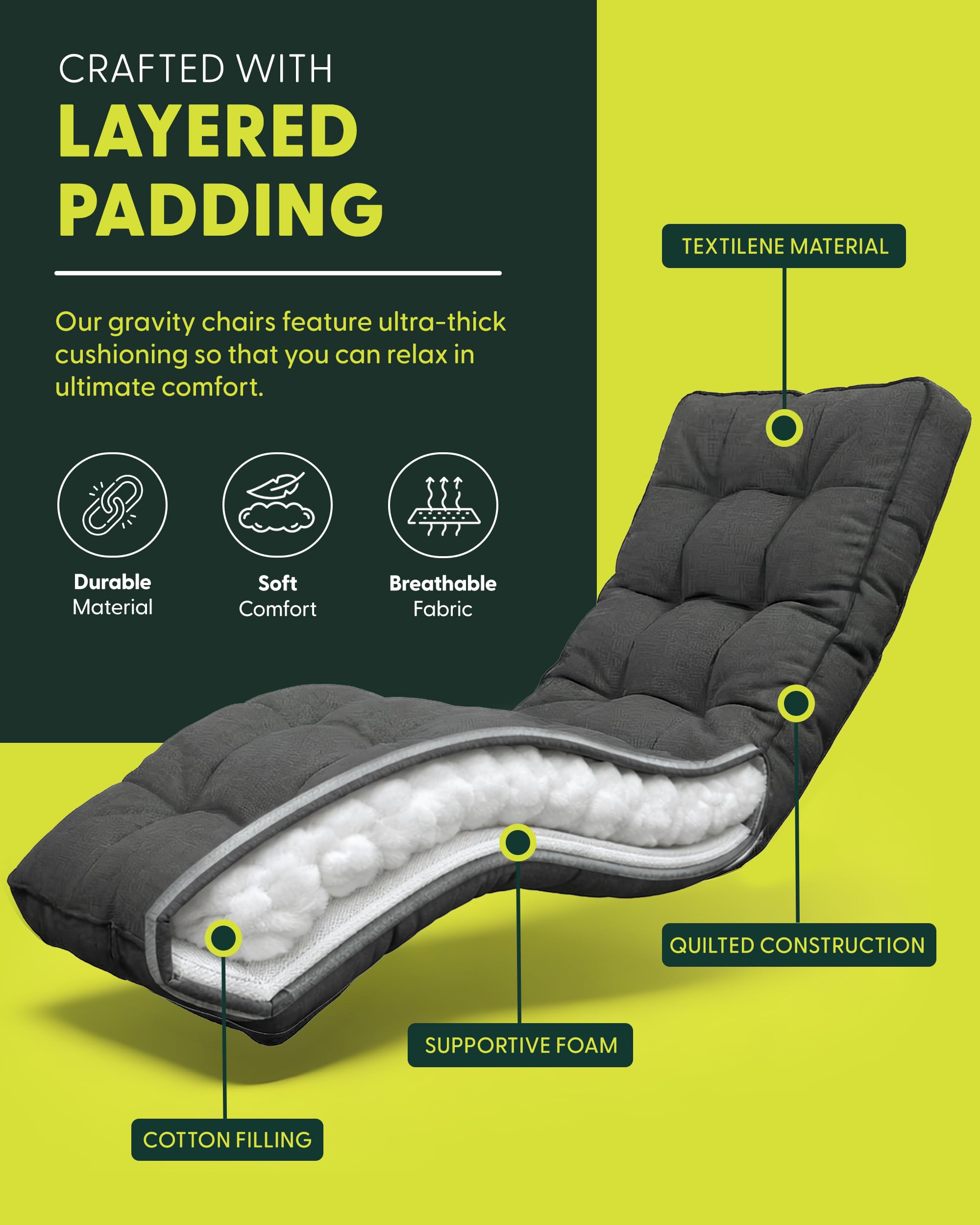 KEPLIN Square Tube Gravity Chair with Cushion 1 Pack – Extra Wide 72cm Zero Gravity Reclining Garden Chair, Reinforced Frame Supports 150kg, Locking System, Cup Holder, Foldable Sun Lounger — view 5
