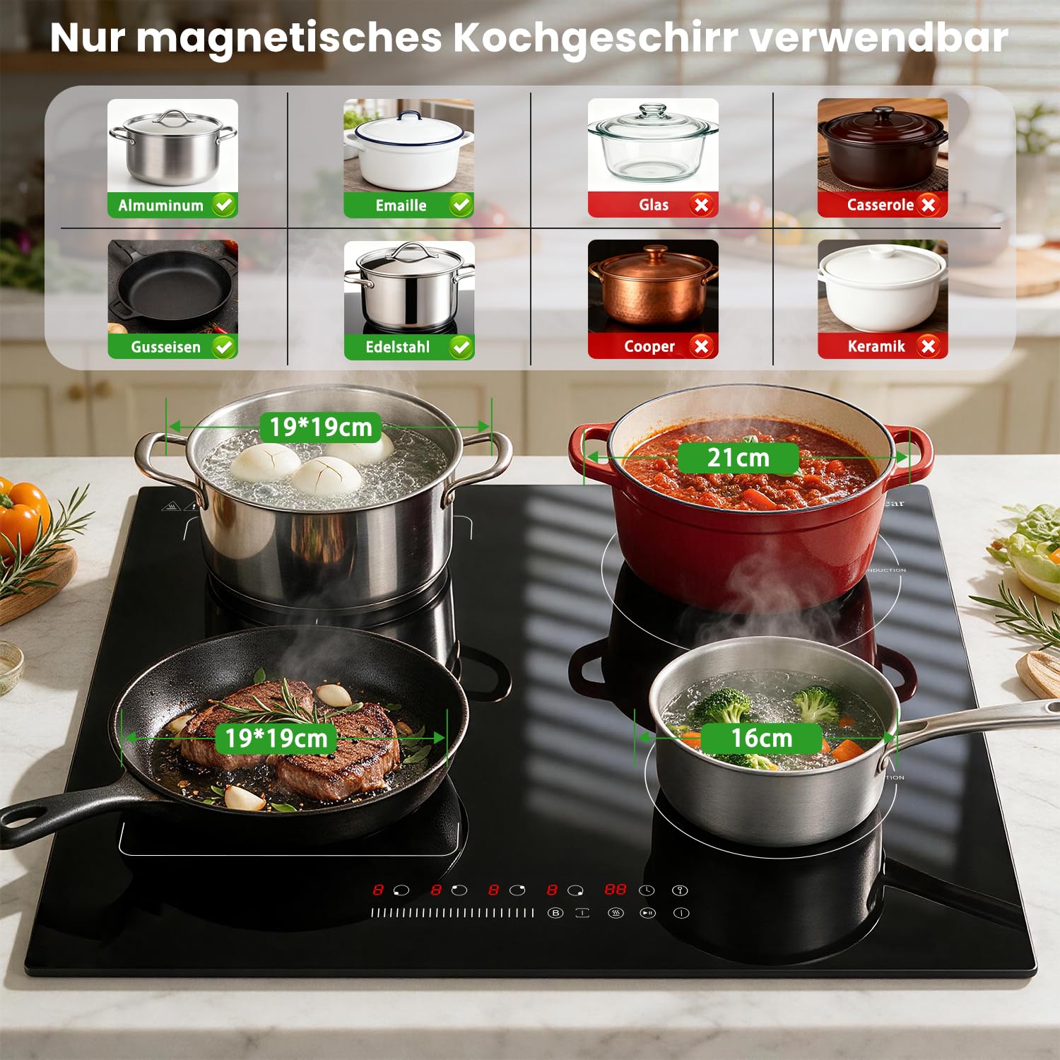Karinear Induktionskochfeld 60cm mit Stecker 4 Platten 3500W