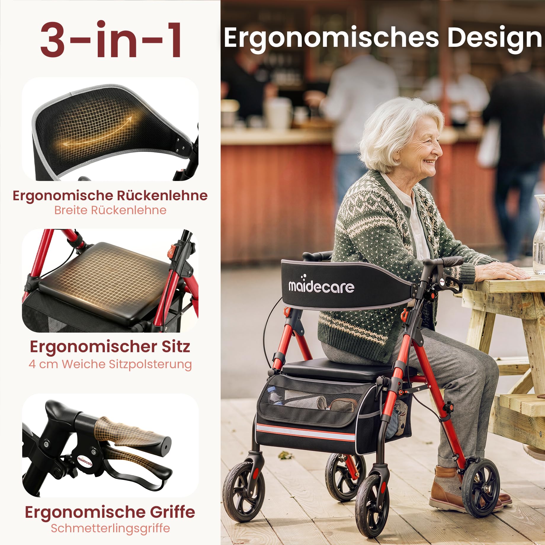 Rollator Faltbar und Leicht mit Sitz, Rollatoren für Senioren Klappbar, Schmal für Wohnung, Outdoor Walker, 20cm Reifen für All Gelände, 6-fach höhenverstellbar Griff, Aluminium, Rot