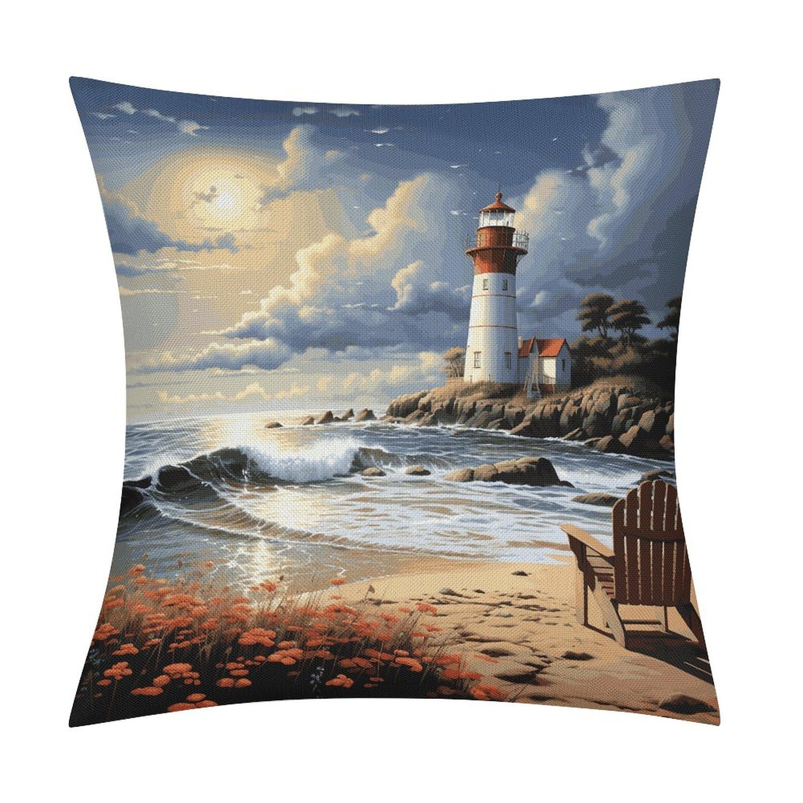 Adfgyerh Style Sea Lighthouse Sandbeach Pillow Covers Soft And Comfortable Invisible Zipper ，Home Decor 18X18 Inch Edging Technology，Throw Pillow Covers For Couch Sofa Bedroom Living Room.
