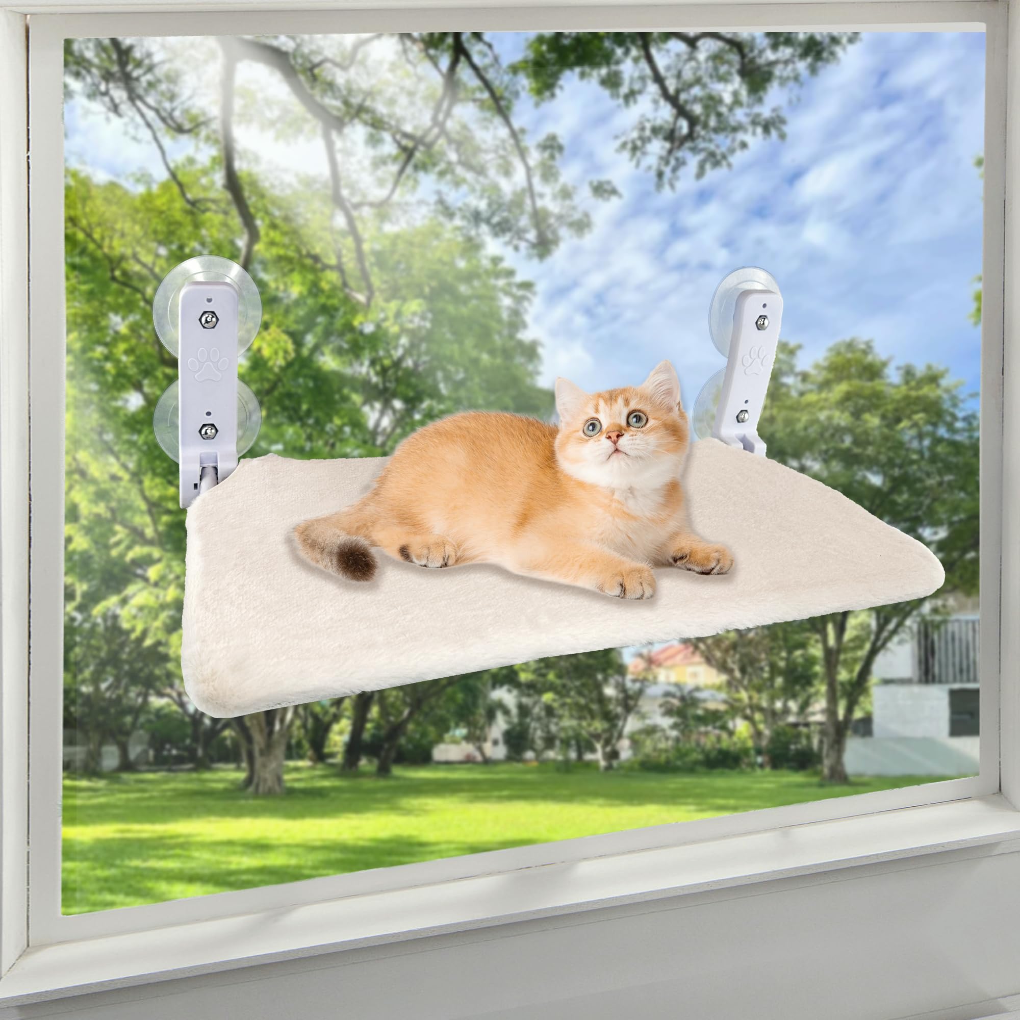 Woleu Cat Window Perch, Foldable Cat Hammock for Window, Cordless 2 in 1 Pet Bed with 4 Suction Cups, Kitten Seat Heavy Duty Hold Up to 44 lbs with Metal Frame & Breathable Mat