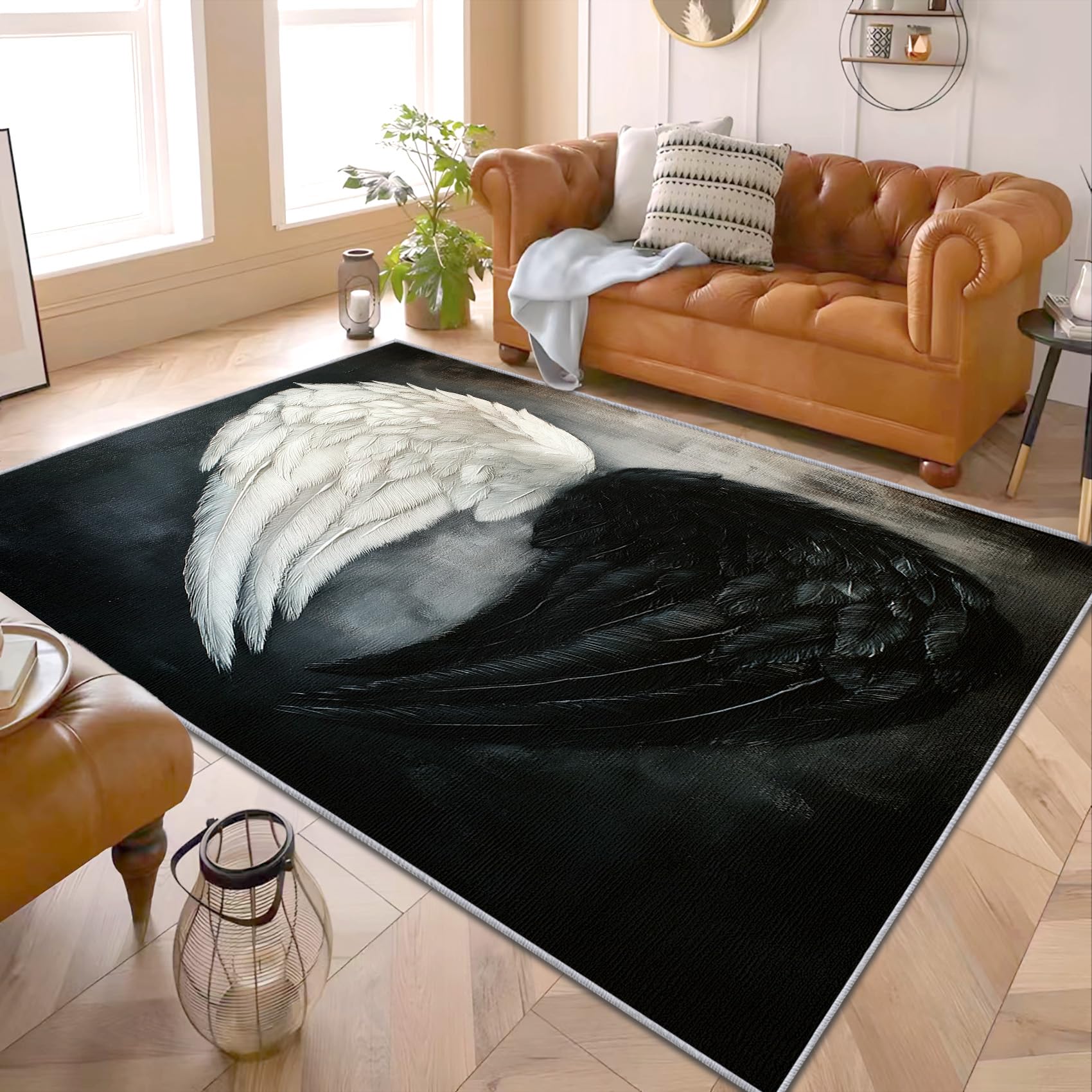 PaxGloz Gothic Bedroom Rug - Black and White Wings Rug, Gothic Angel Rugs for Living Room Bedroom, Washable Non Slip Soft Large Carpet, Patterned Area Rugs & Home Decor 160x230 cm
