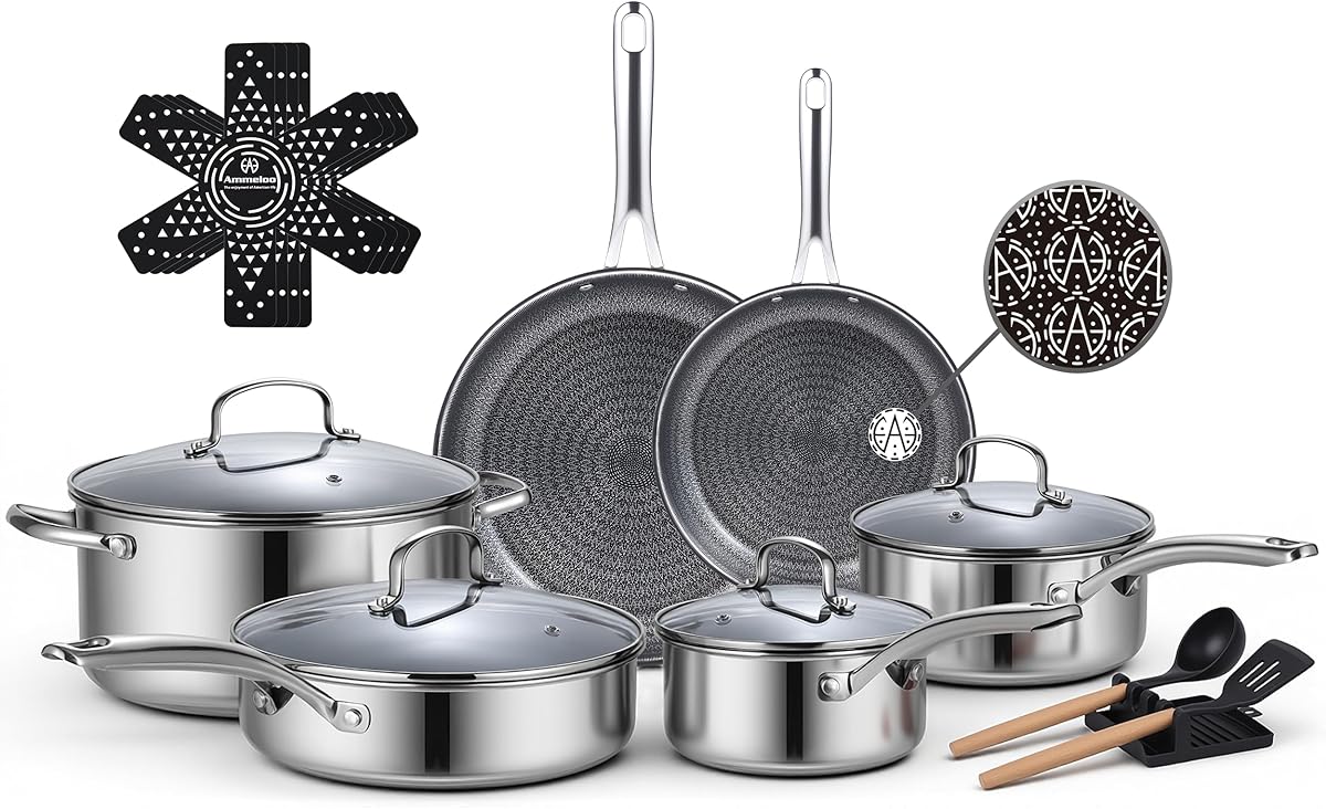Ammeloo 17 Pcs Nonstick Stainless Steel Cookware Set, Hybrid Stainless Steel Pots and Pans Set Non Stick, Non Toxic Kitchen Cookware Sets, Dishwasher & Oven Safe, Induction & All Cooktop Compatible