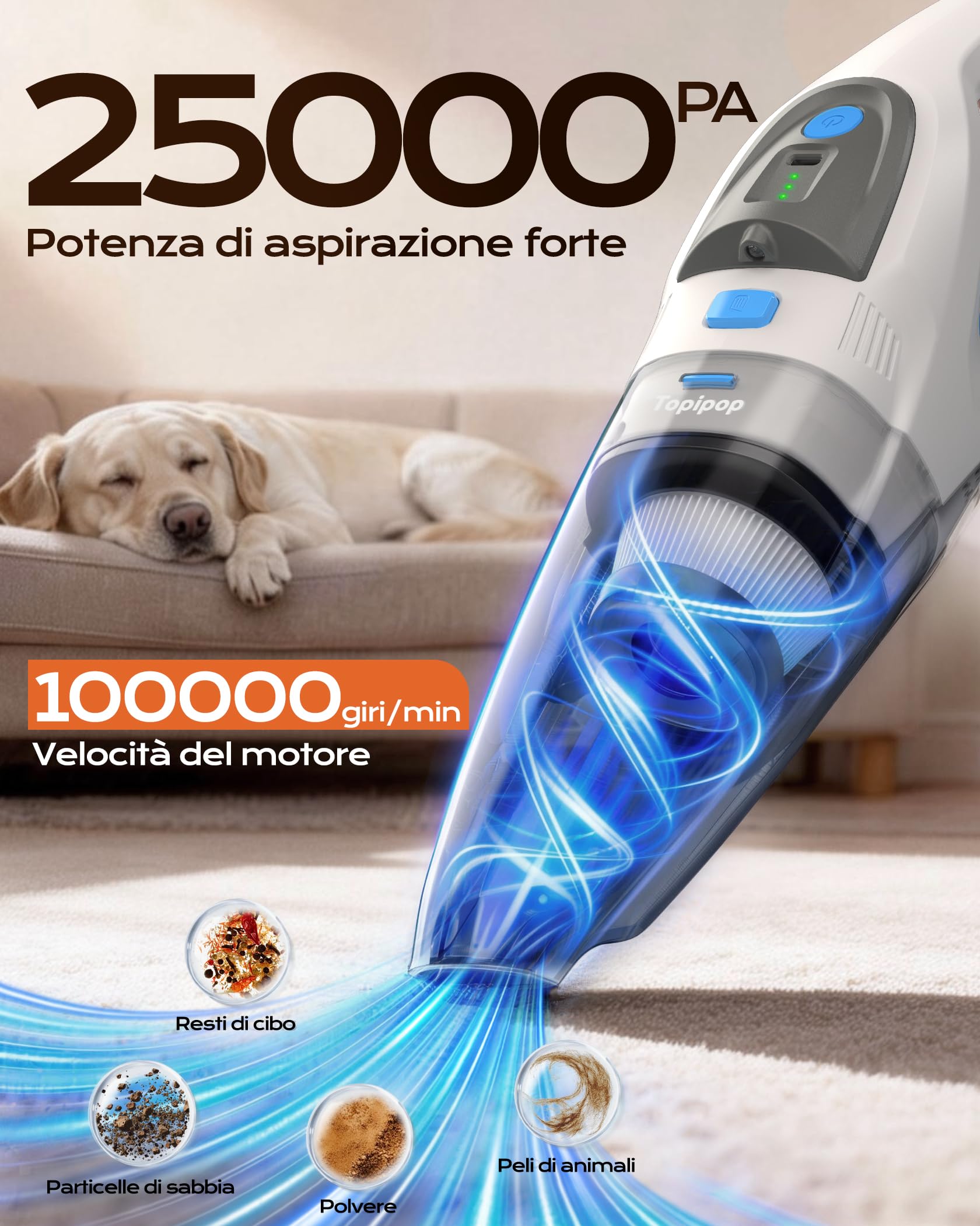 Topipop Aspirabriciole Senza Fili, 25000Pa Aspirapolvere Portatile con Stazione di Ricarica, Filtro HEPA Lavabile e Batteria 8000mAh, Include LED e 3 Spazzole per Casa, Pelo Animali, Auto (Bianco)