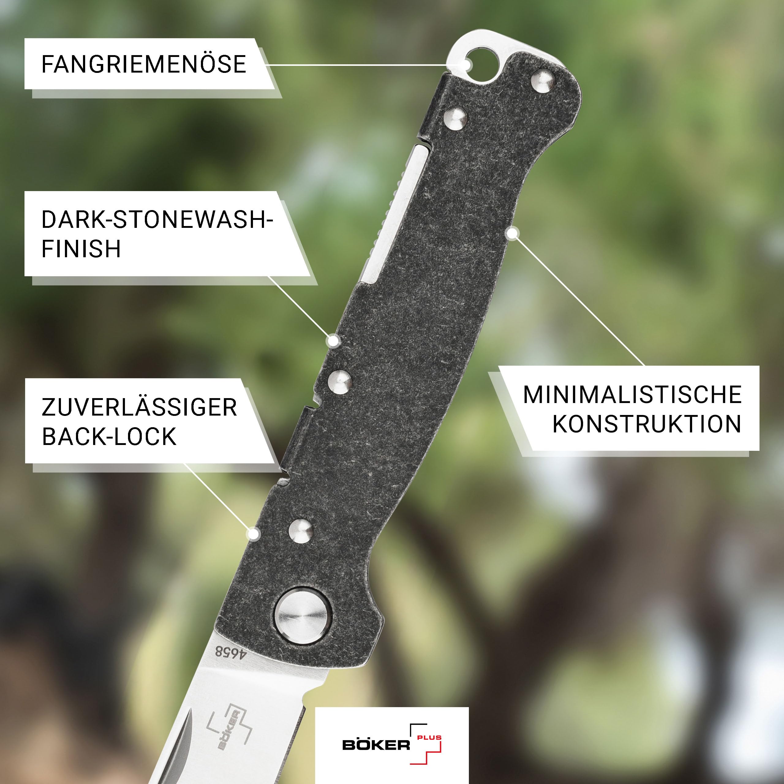 Böker Plus Atlas Backlock Clippoint Taschenmesser - Vollmetall Klappmesser mit 7,4 cm D2 Klinge, Edelstahlgriff EDC