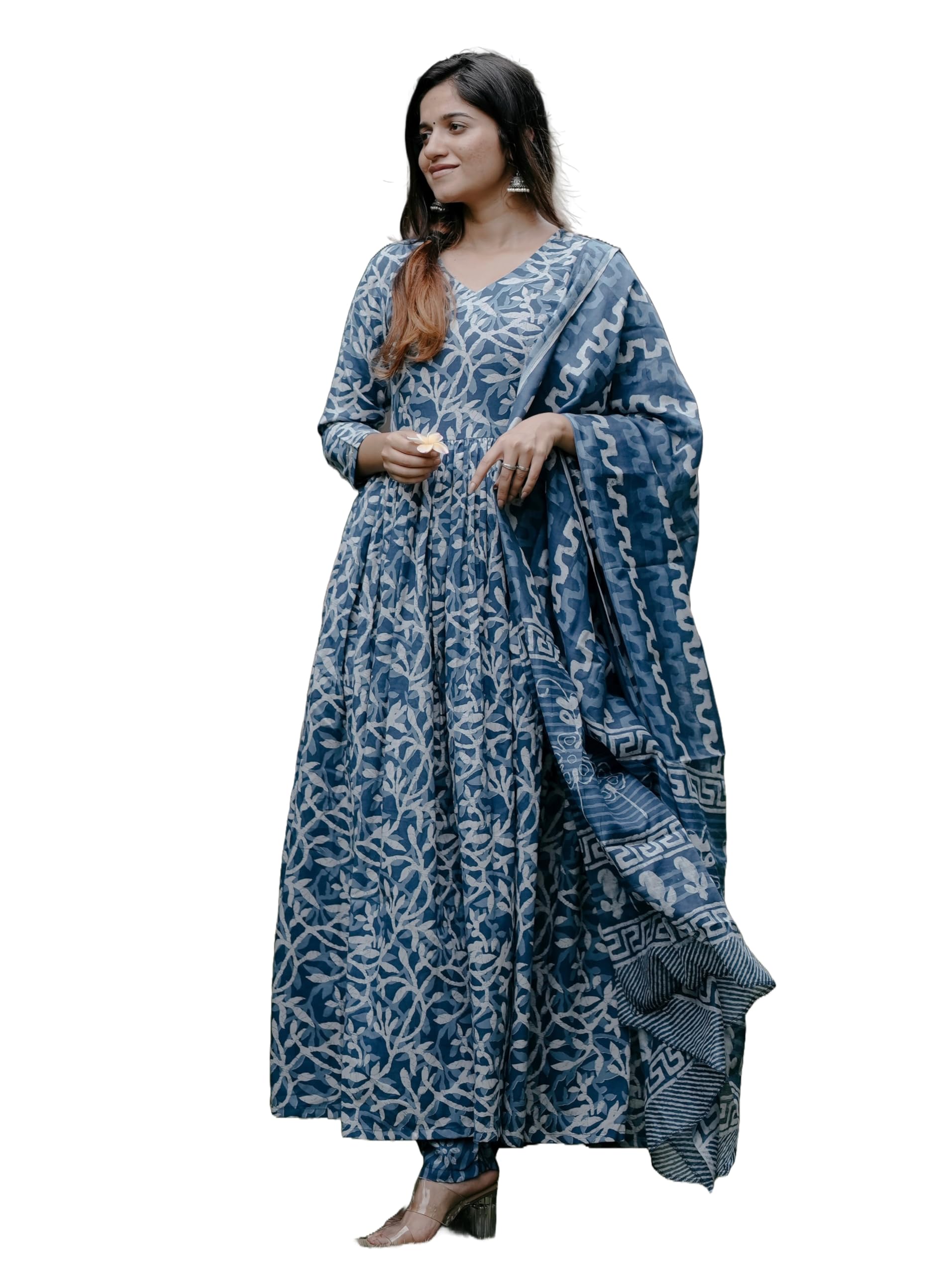 Nermosa Women Printed Anarkali Kurta And Pant Set With Dupatta (In, Alpha, S, Blue)