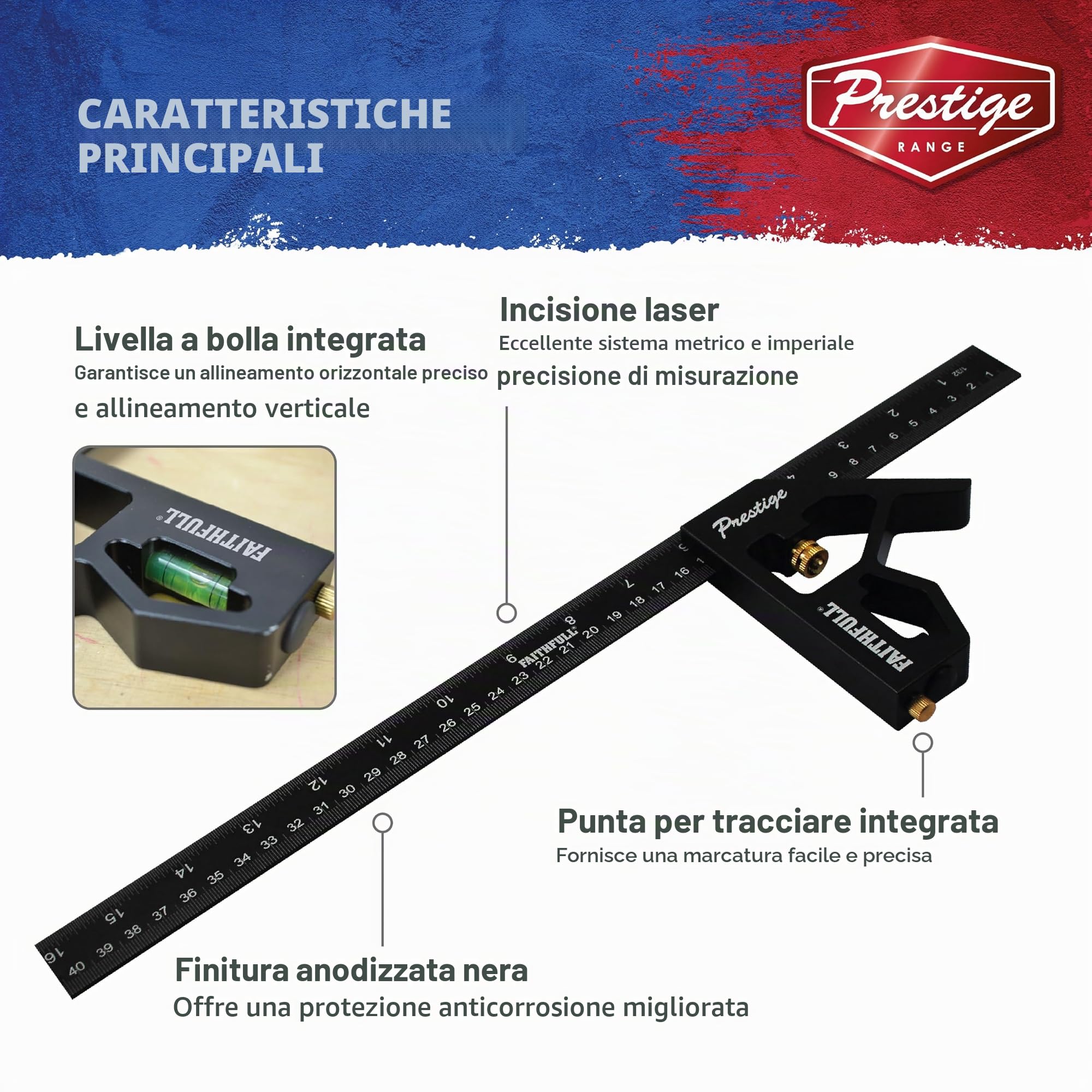 Squadra combinata Faithfull Prestige in alluminio nero da 400mm (16pol) – Strumento di misurazione e tracciamento multifunzione con livella a bolla e traccia per la lavorazione del legno e dei metalli