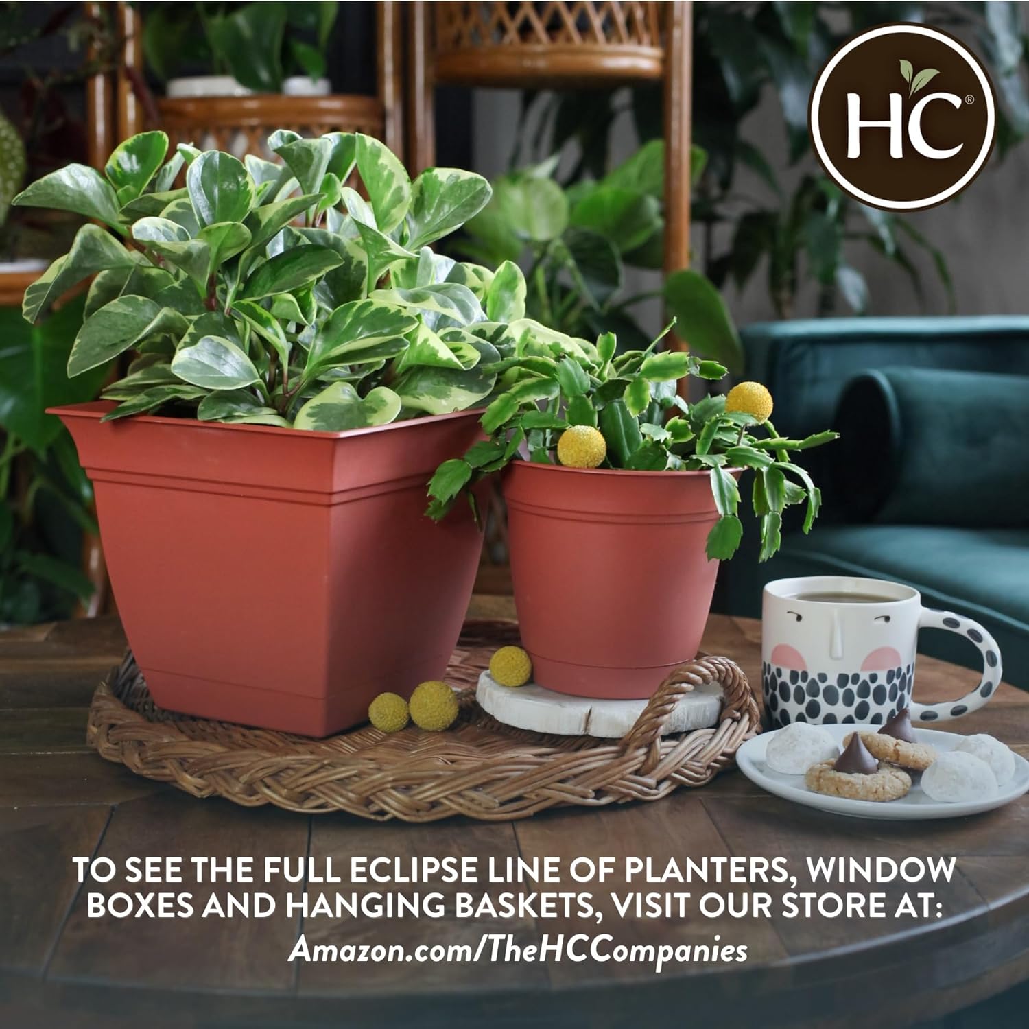 The HC Companies Eclipse Round Planter with Saucer - Outdoor & Indoor Plant Pot with Drainage Holes - Lightweight, UV-Resistant Plastic Pots for Plants, Flowers & Herbs (Cottage Stone, Pack of 1)