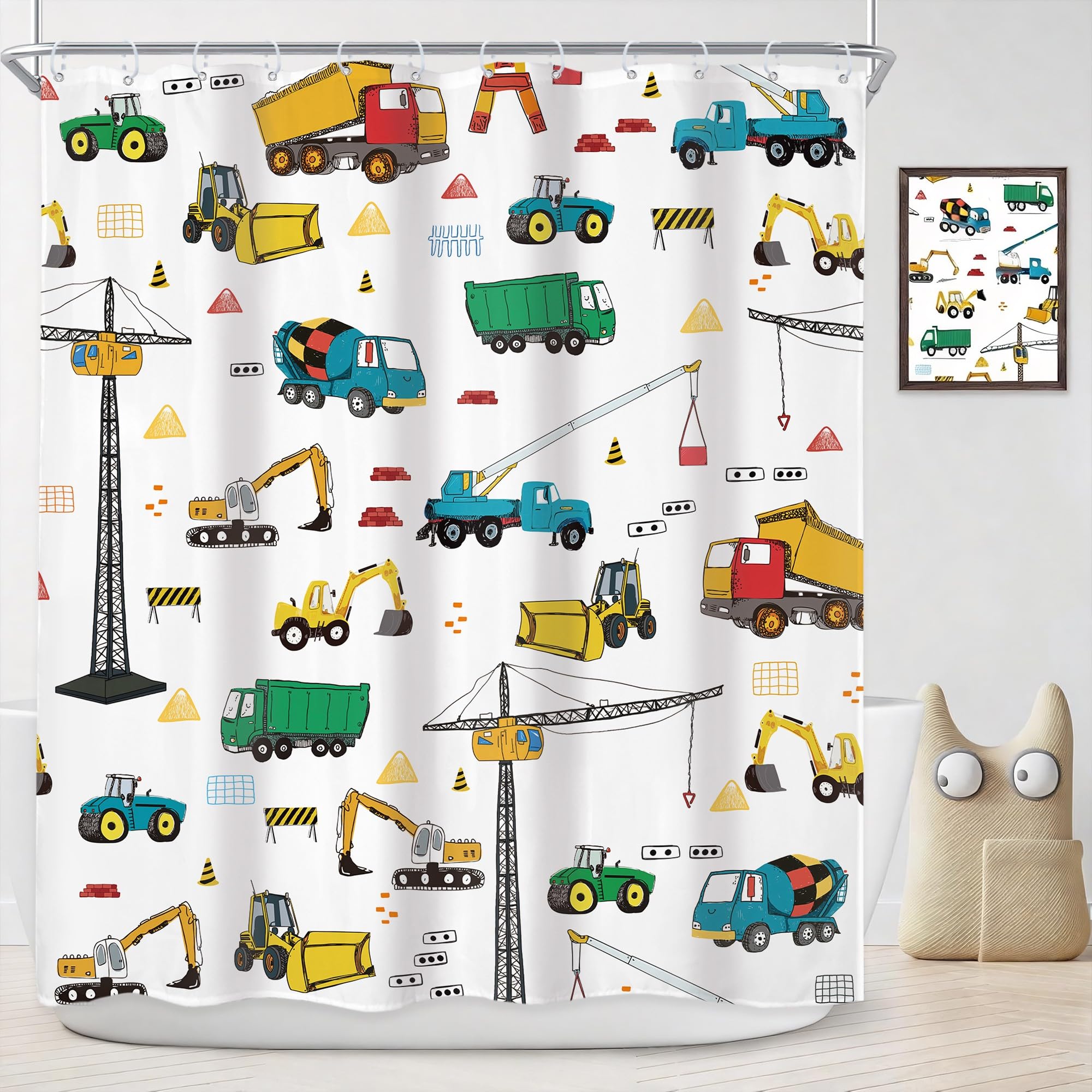 Newsely Kids' Shower Curtain, Construction Truck Pattern, 60" x 72" (W x H) - Excavator, Tractor, Machinery Pattern - Colorful and Waterproof Bathroom Set - Accessories for — image 1