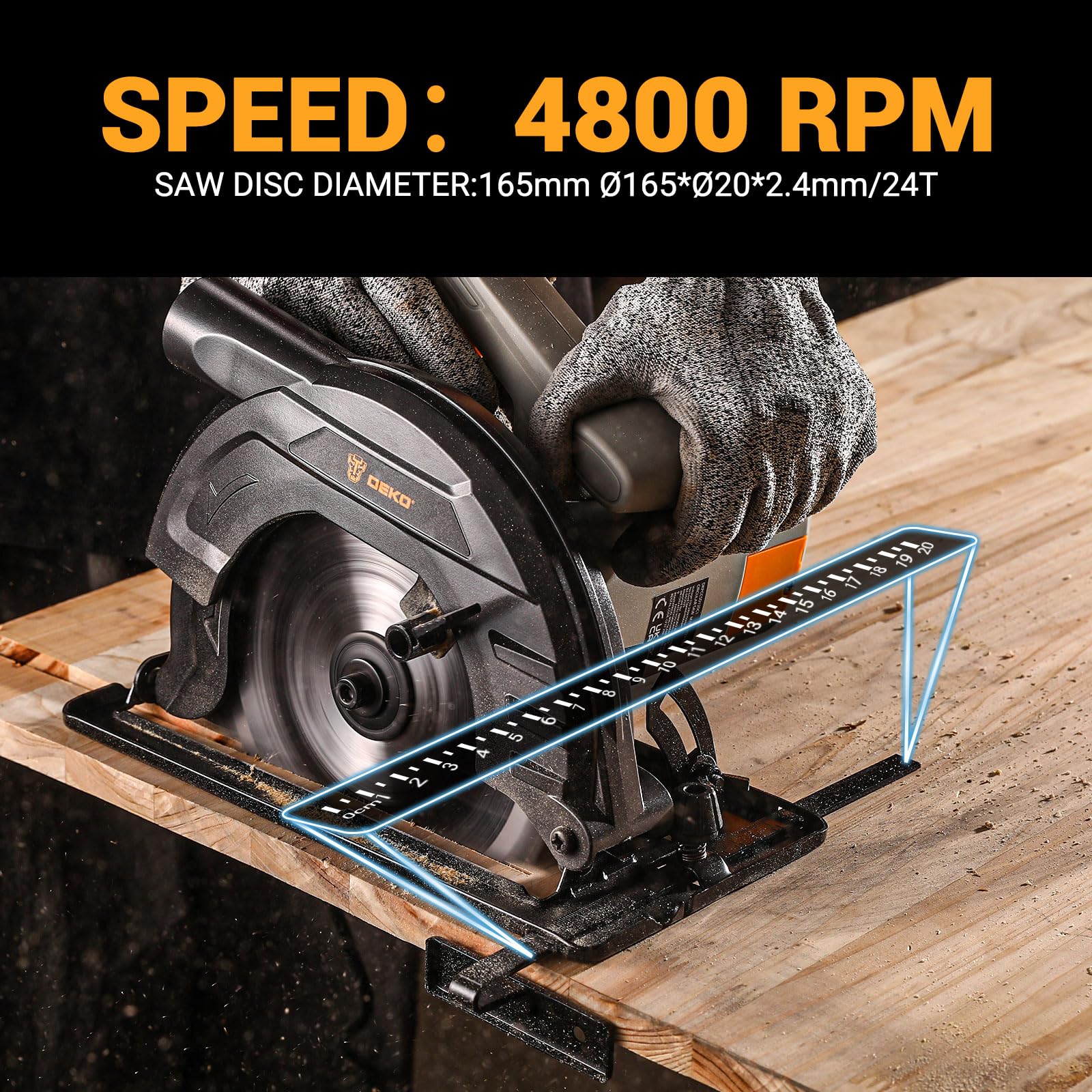 Sierra Circular 1200W: DEKOPRO Sierra Circular con Guia, 4800 RPM, Hoja de sierra Ø165mm(24T)，Profundidad máxima de corte 55mm (90°), 33mm (45°), Incluye guía, Apta para Cortar Madera