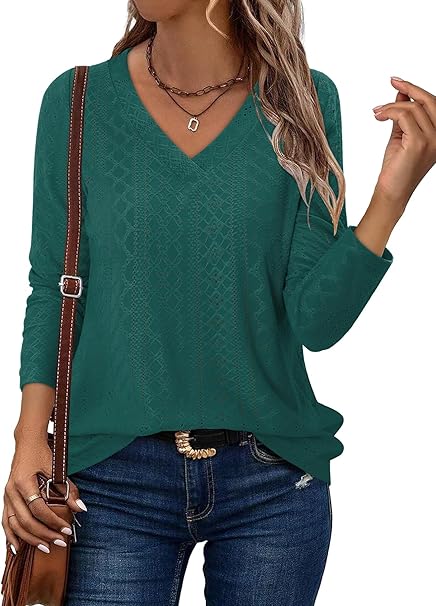 KISSMODA Long Sleeve Fall Shirts For Women V Neck Tunic Tops Embroidered Button Down Knitted Blouses 2025
