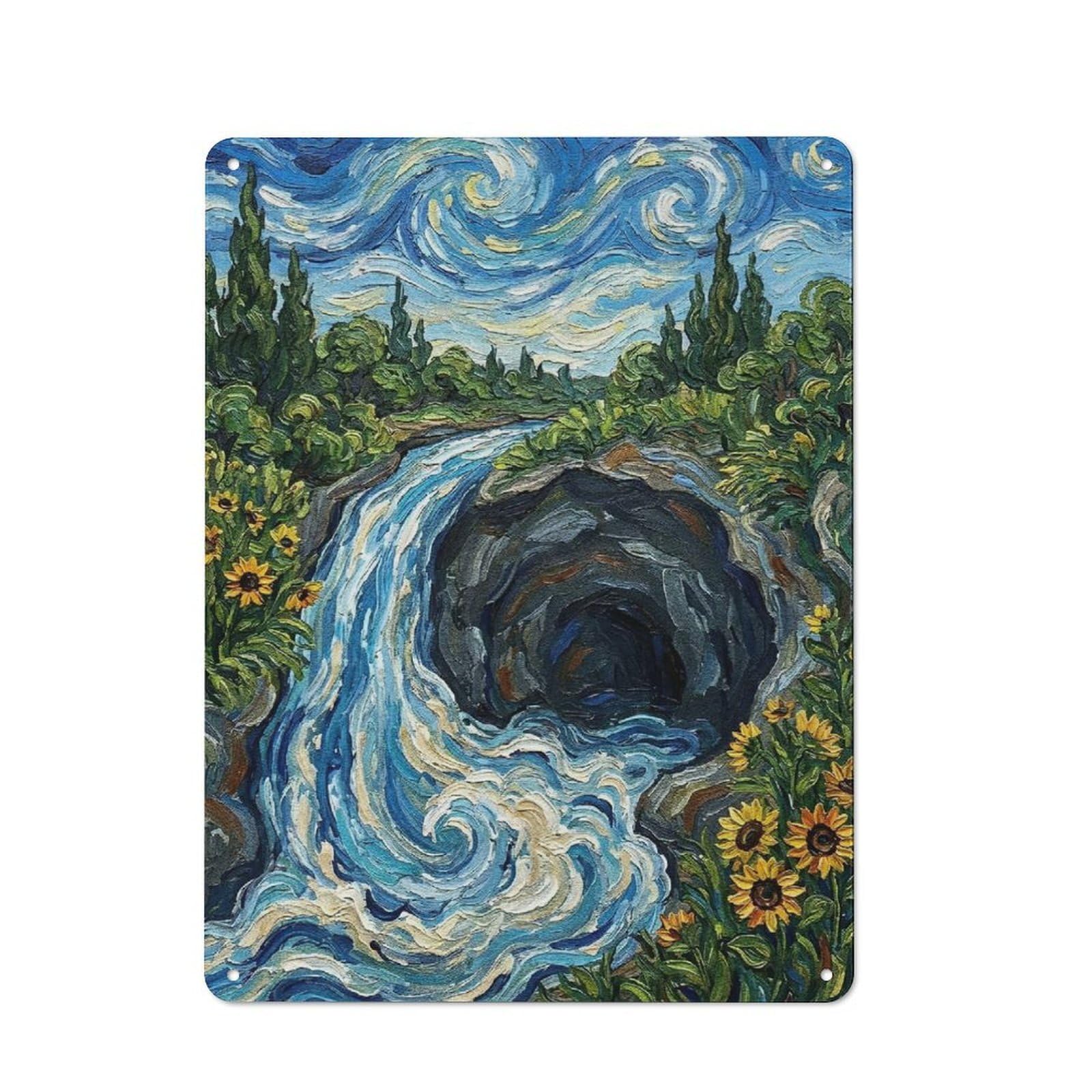 Junmoney Style-21 Urban Waterfall And Cave In Van Gogh Style Decorative Metal Plaque 40X30cm, Urban Room Decor For Flat, Bar, Studio Or Gallery Wall
