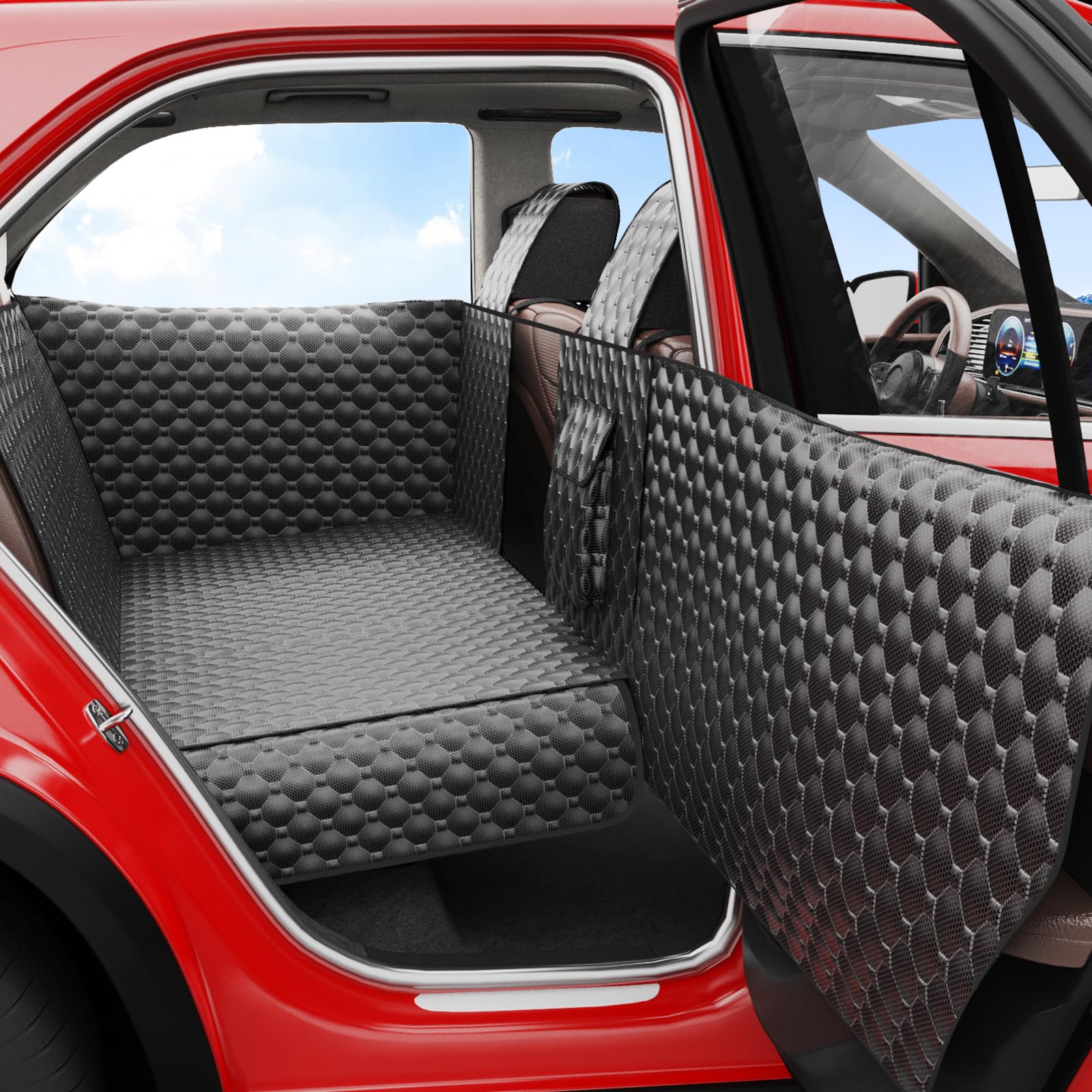 Dog Car Seat Cover for Back Seat, Waterproof Back Seat Extender for Dogs w/Door & Headrest Protector, Hard Bottom Pet Bed Hammock Holds 420lbs, for Cars SUVs Small Trucks(Not for 3-row seats)