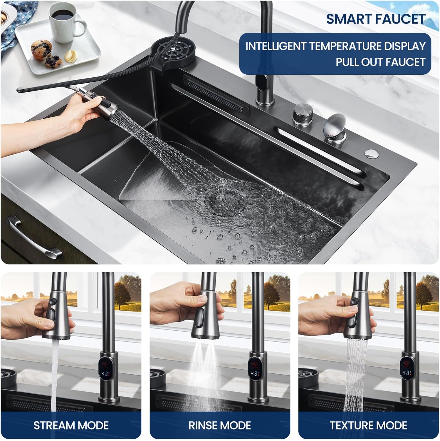 33 inch waterfall kitchen sink metal black -feibus 33x22x10 drop in sink with faucet combo double step workstation 16 gauge multifunctional stainless steel single bowl embedded waterfall 33"x22"x10"