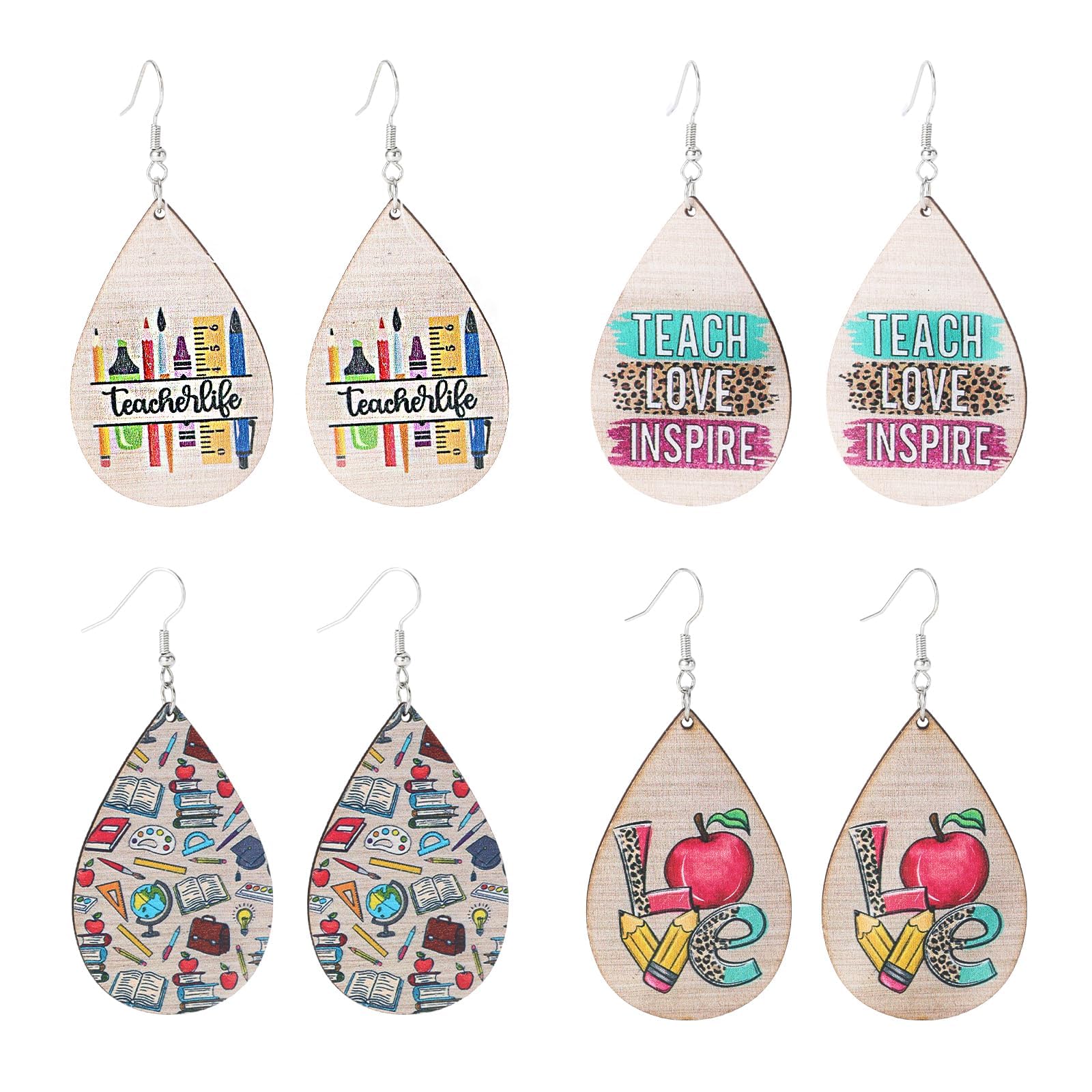 SMUOBT 4 Pairs Teacher Earrings Drop Dangle Earrings for Women,Teardrop Dangling Earrings Gifts for My Teacher on Teacher's Day Thanksgiving Gift Teacher Appreciation Gift Back to School Jewelry Set