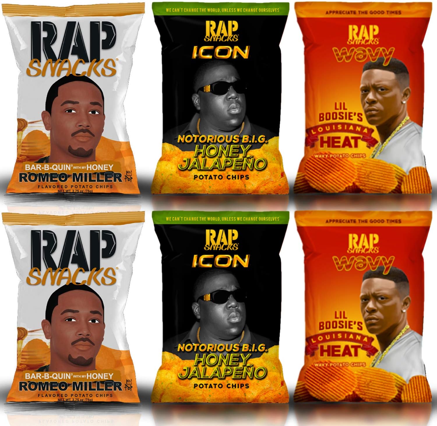 Flavored Potato Chips and Popcorn Featuring Hip-Hop Stars (Pack of 6) (Romeo, BIG, Boosie Variety)