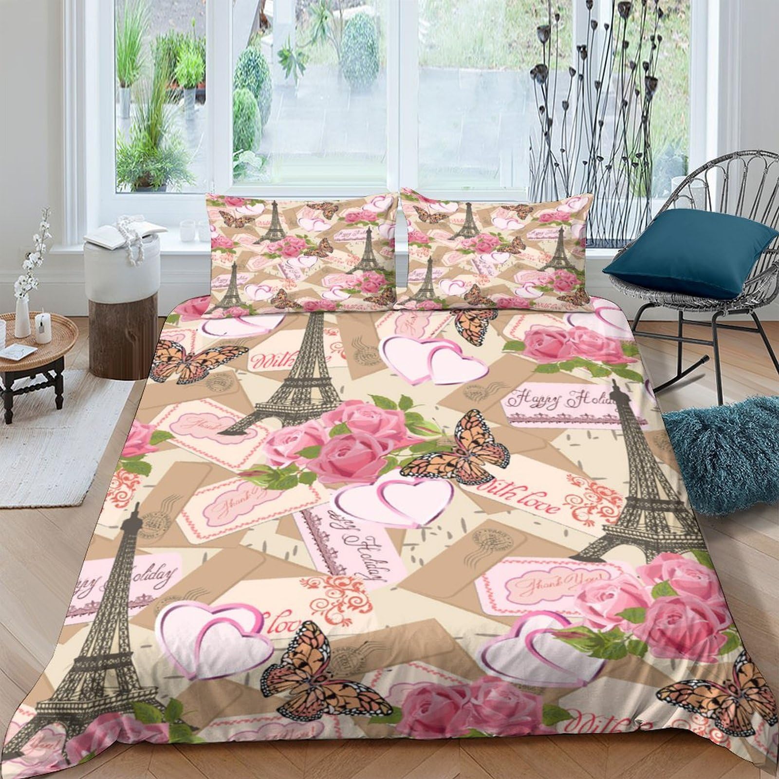 Ctjqhvkz Style-6 3D Printed Paris Eiffel Tower Fitted Sheet Microfiber Pink Floral Bed Cover For Bedroom Guest Room Decor Single（135X200cm）