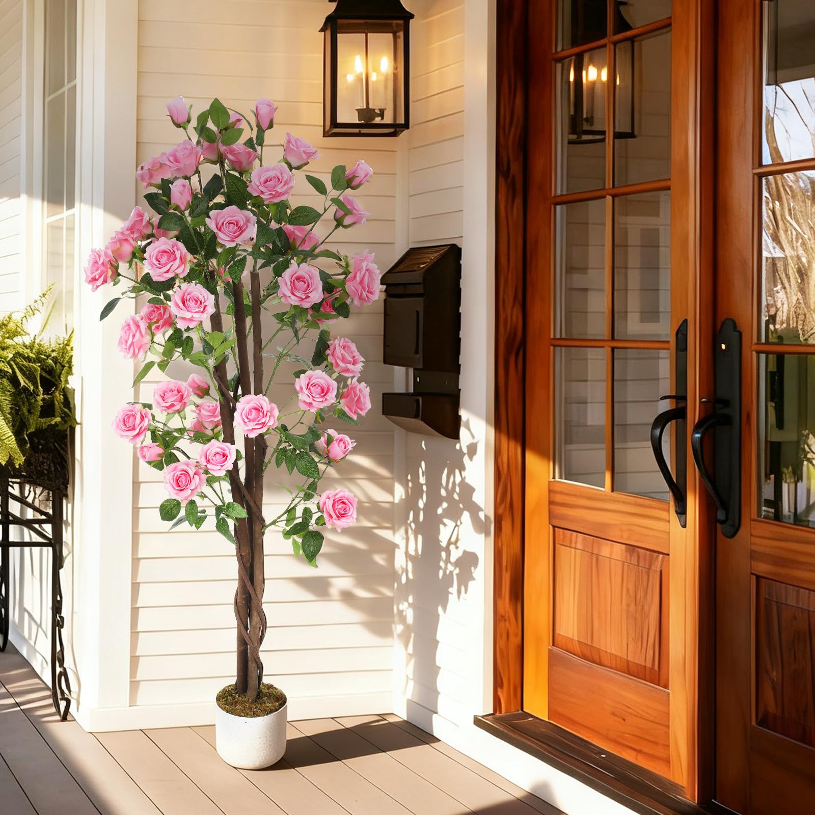 GarveeLife Künstlicher Rosenblütenbaum, Rosa/Weiß, Deko Rosenpflanzen Für Drinnen Und Draußen, 75/80/90/105/120/150Cm Hoch, Künstlicher Baum Mit Natürlichem Holzstamm Und Lebensechten Blumen Für Zuhau