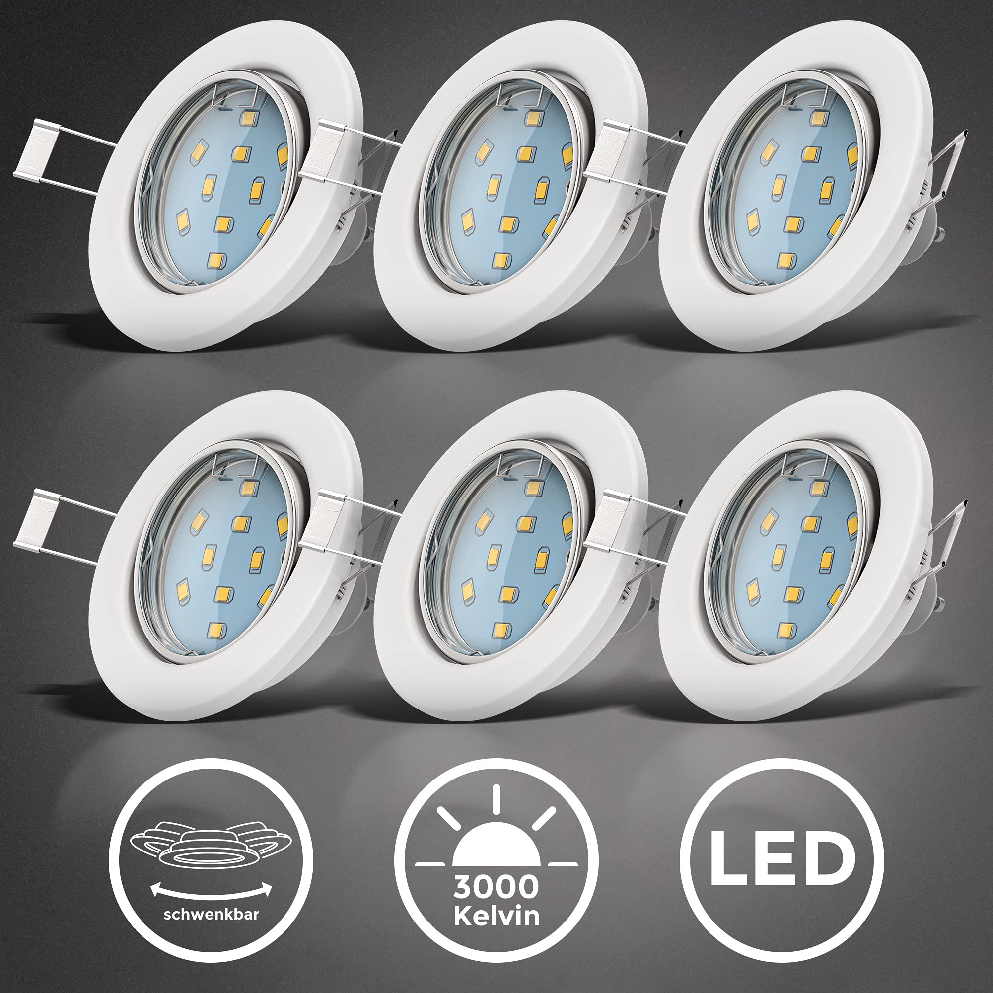 B.K.Licht lot de 6 spots LED encastrables orientables blancs, 6 ampoules LED GU10 incluses, éclairage plafond LED intérieur, lumière blanche chaude, 230V, IP23, 6x3W